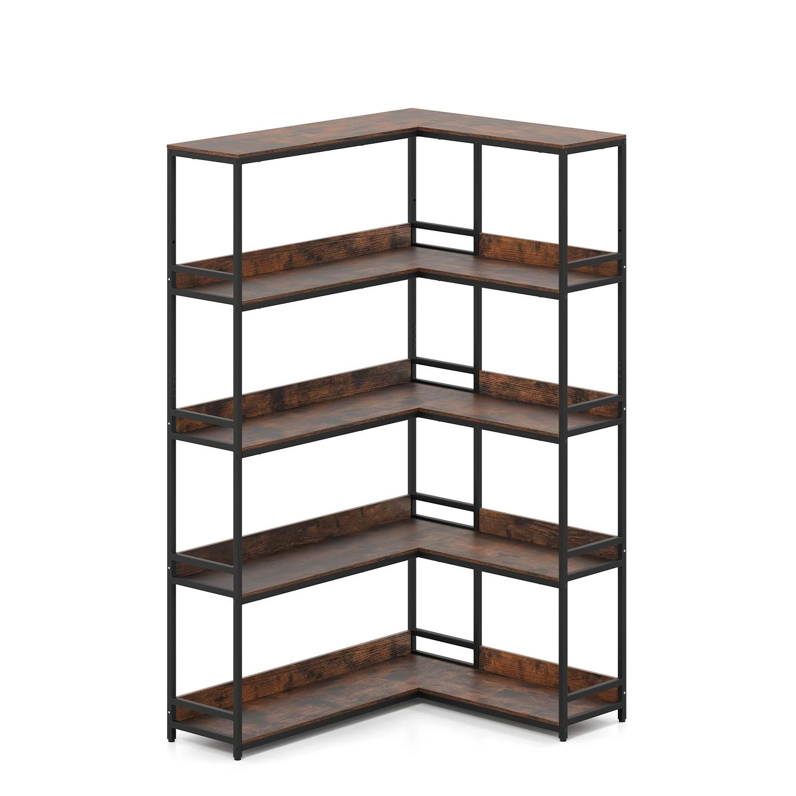 1 Costway 180CM Corner Bookshelf 5-Tier L-Shaped Utility Shelves Metal Frame Bookcase - Brown, 1 of 4