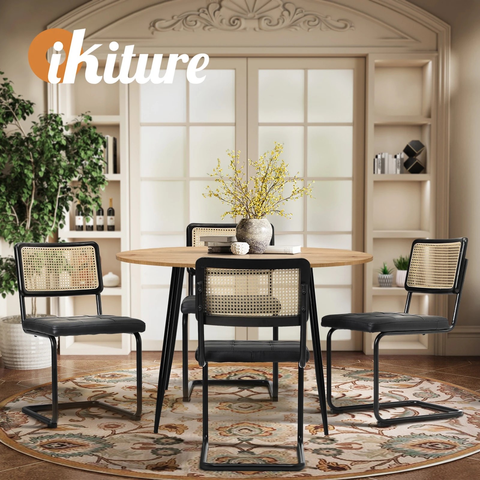 5 Oikiture 110cm Round Dining Table with 4PCS Dining Chairs Leather Padded - Black, 5 of 9