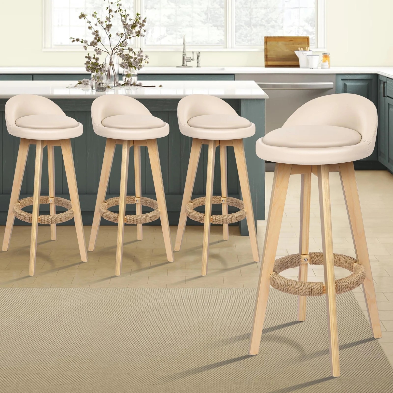 10 Alfordson 4x Kitchen Bar Stools Liam Wooden Swivel Bar Stool Chairs - Beige, 10 of 10