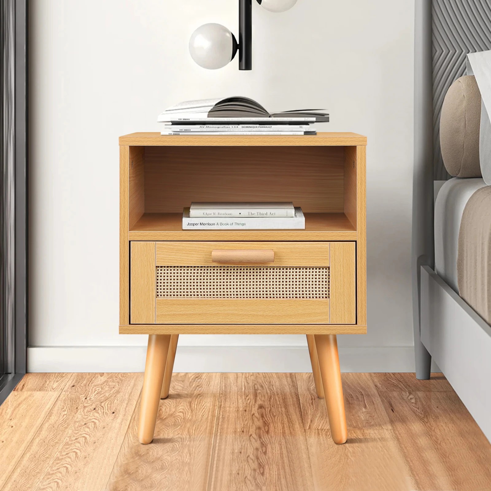 4 Alfordson 2x Bedside Table Nightstand Side Storage Cabinet Scandinavian Rattan - Oak, 4 of 8