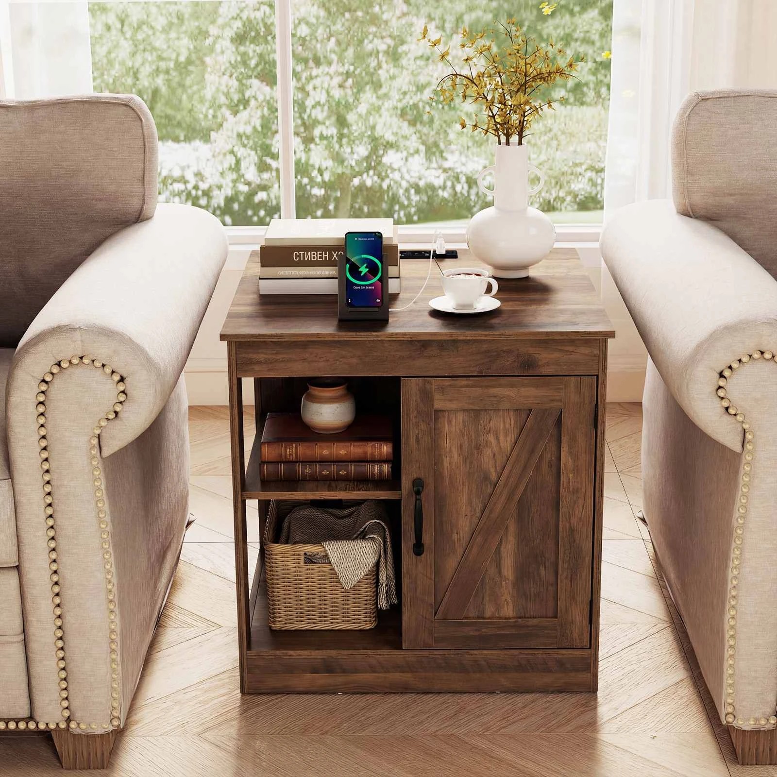 4 Costway Farmhouse End Table w/Power Outlets Sofa Bedside Table Nightstand, 4 of 4