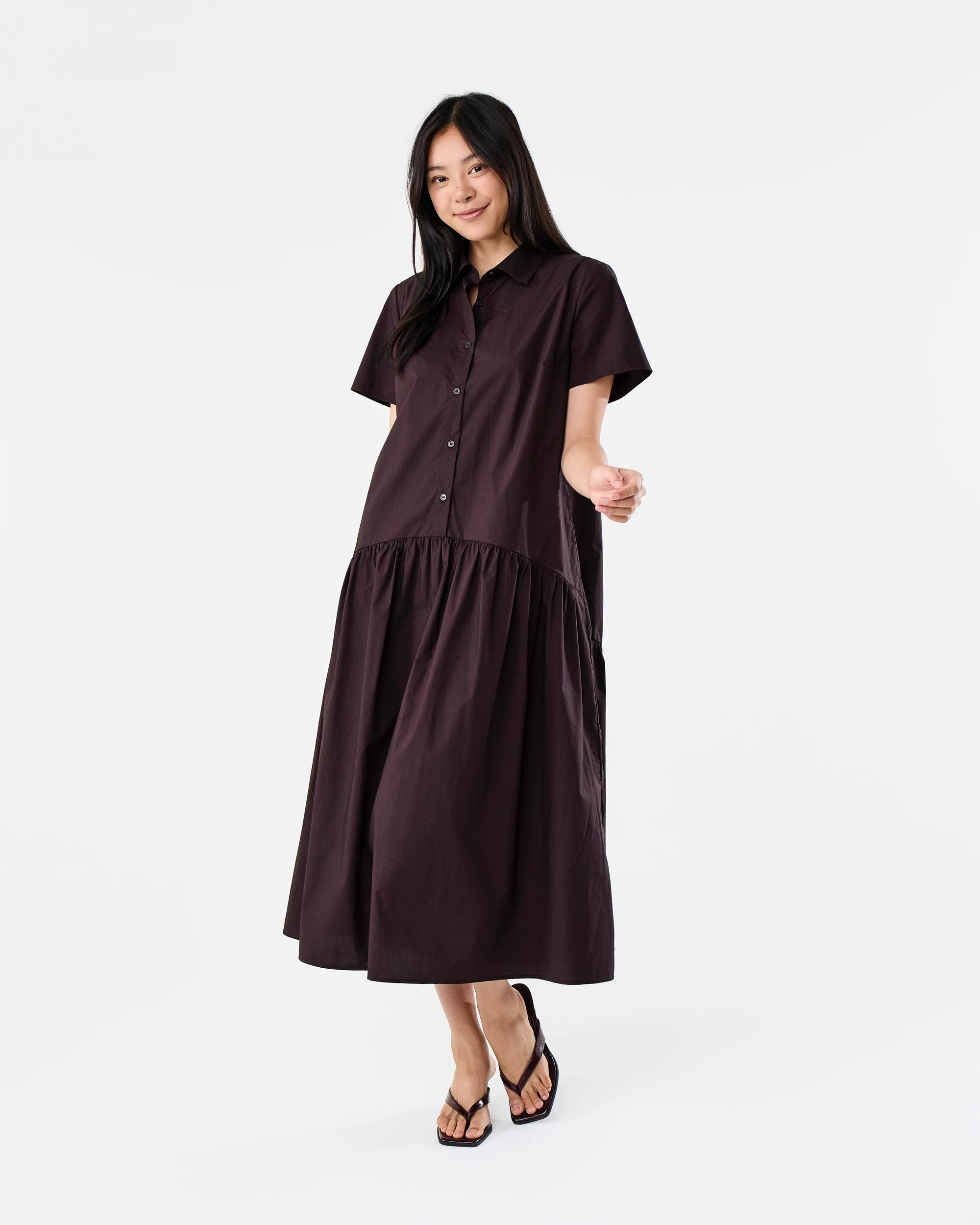 1 Short Sleeve Drop Waist Shirt Midi Dress Fudge, 1 of 7