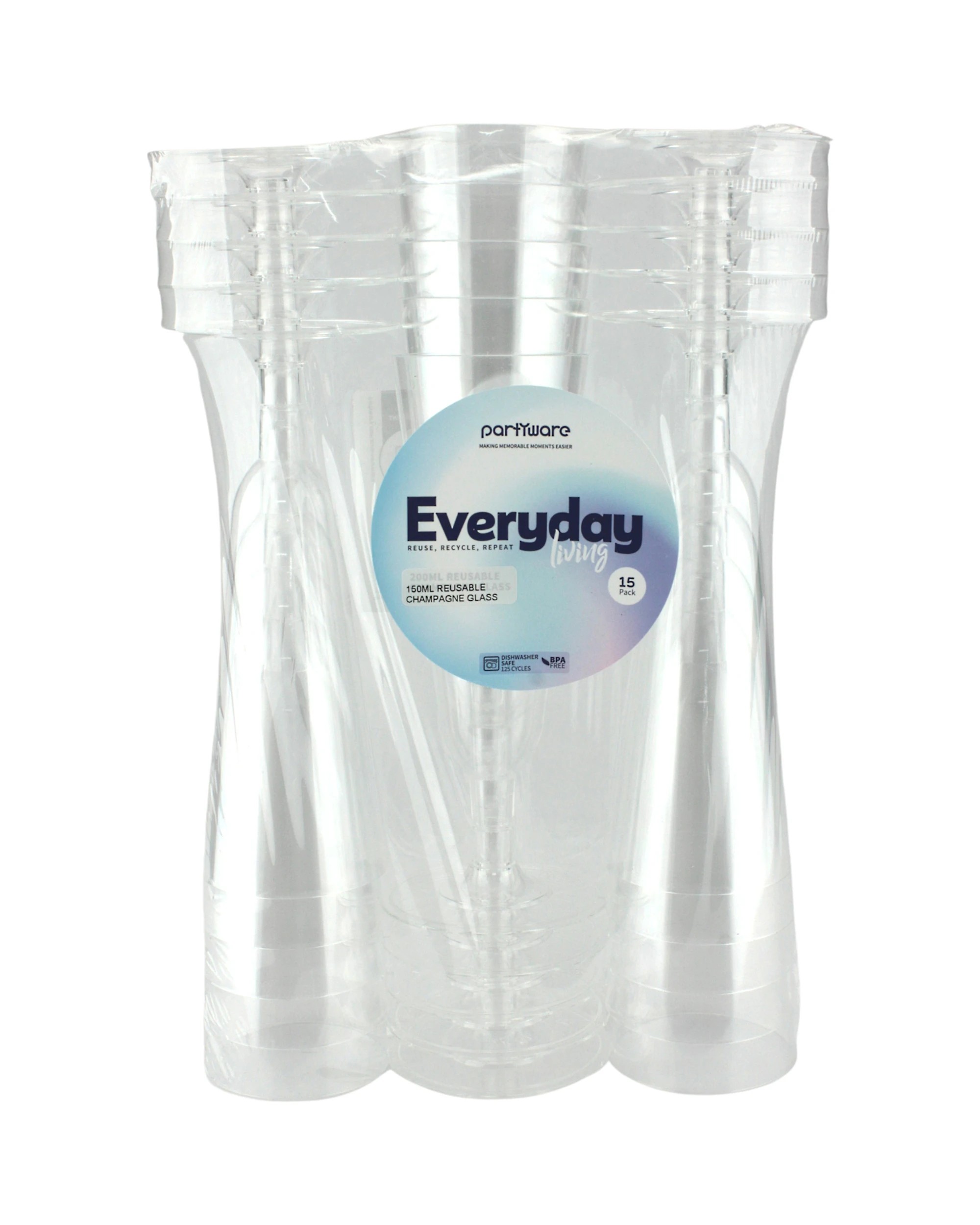 3 Partyware Clear Plastic Champagne Glasses Pack of 15, 3 of 3