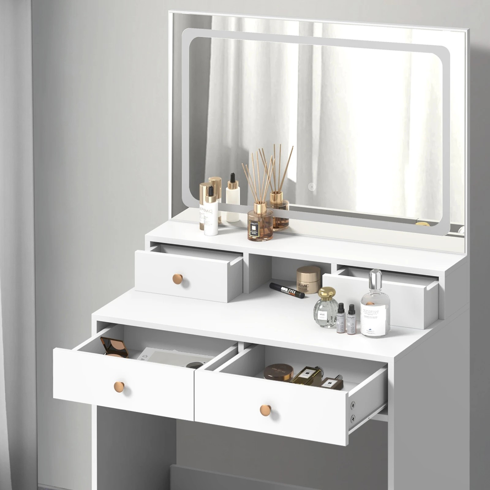 5 Oikiture Dressing Table Stool Set Led Mirror Vanity Desk With Drawers
 - White, 5 of 9