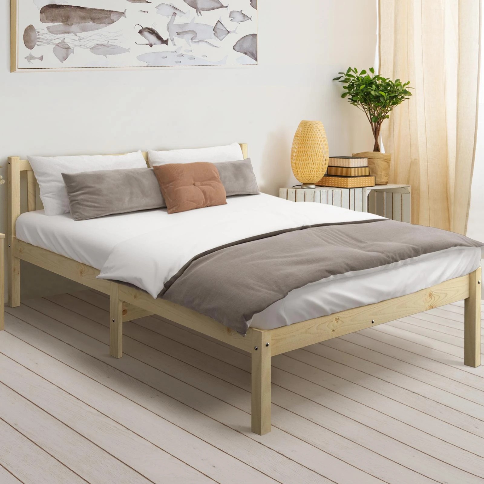 2 Oikiture Bed Frame Double Size Wooden Timber Platform Bedroom
 - Natural, 2 of 10
