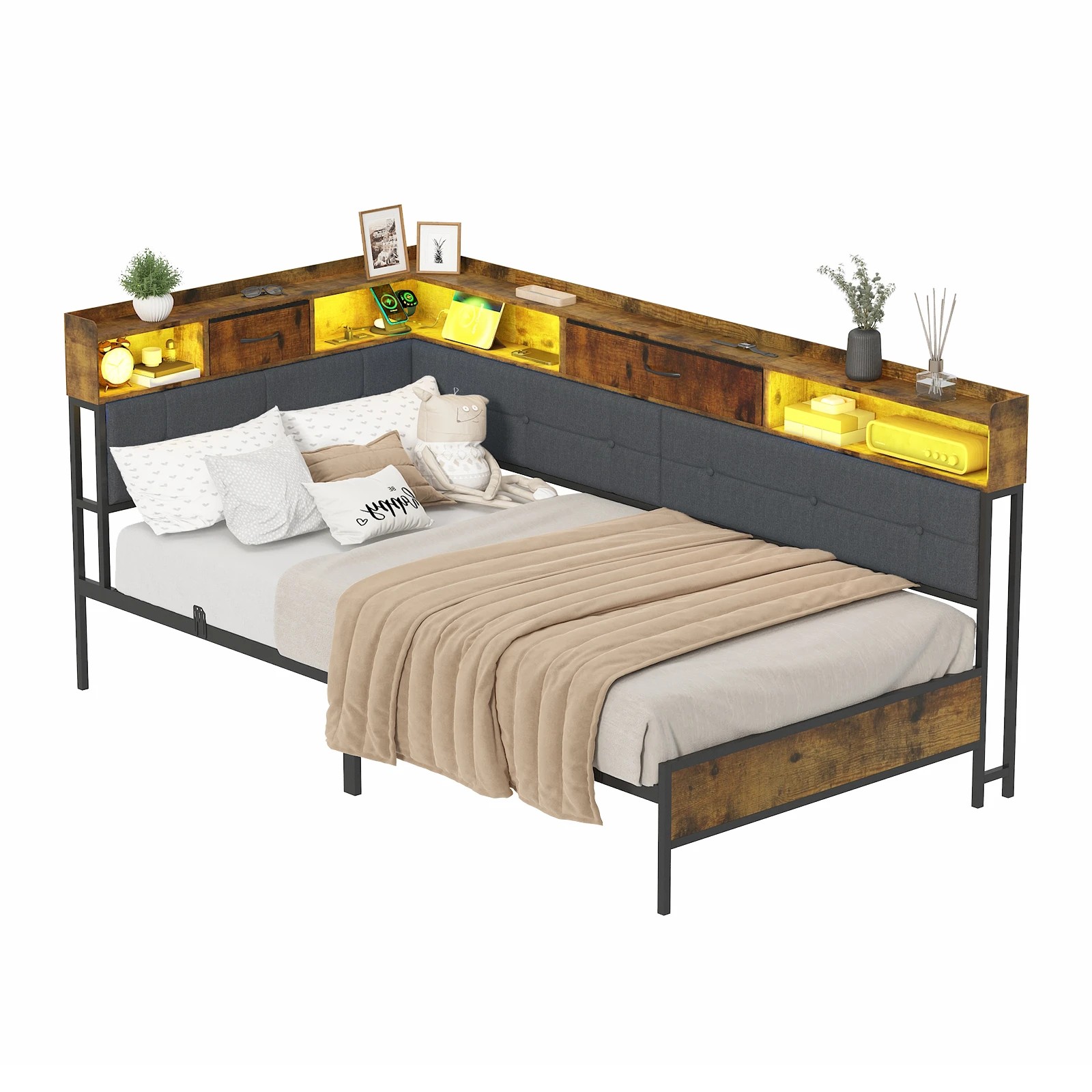 1 Advwin Single Corner Bed Frame with RGB LED and Charging Station - Brown, 1 of 5