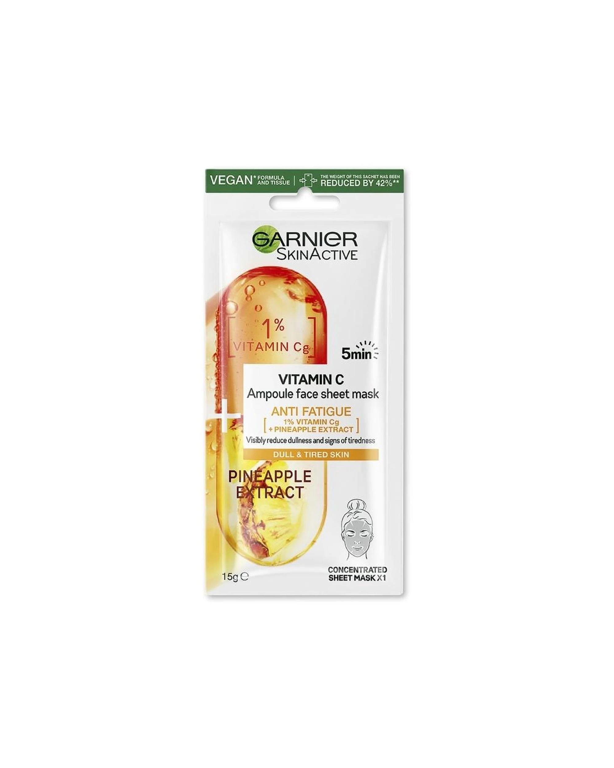 2 20 x Garnier SkinActive Vitamin C Anti-Fatigue Ampoule Sheet Face Mask 15g - Pineapple Extract, 2 of 2