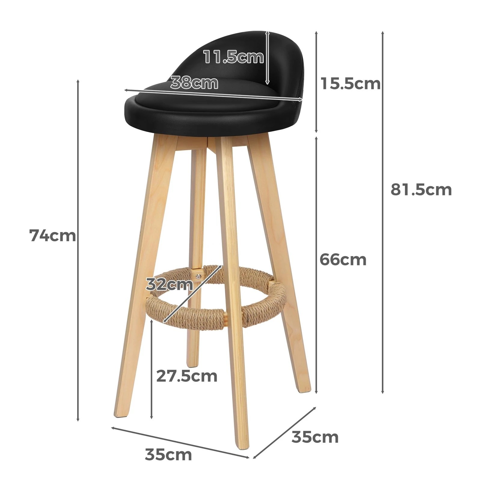 7 Alfordson 2x Kitchen Bar Stools Liam Wooden Swivel Bar Stool Chairs - Black, 7 of 9