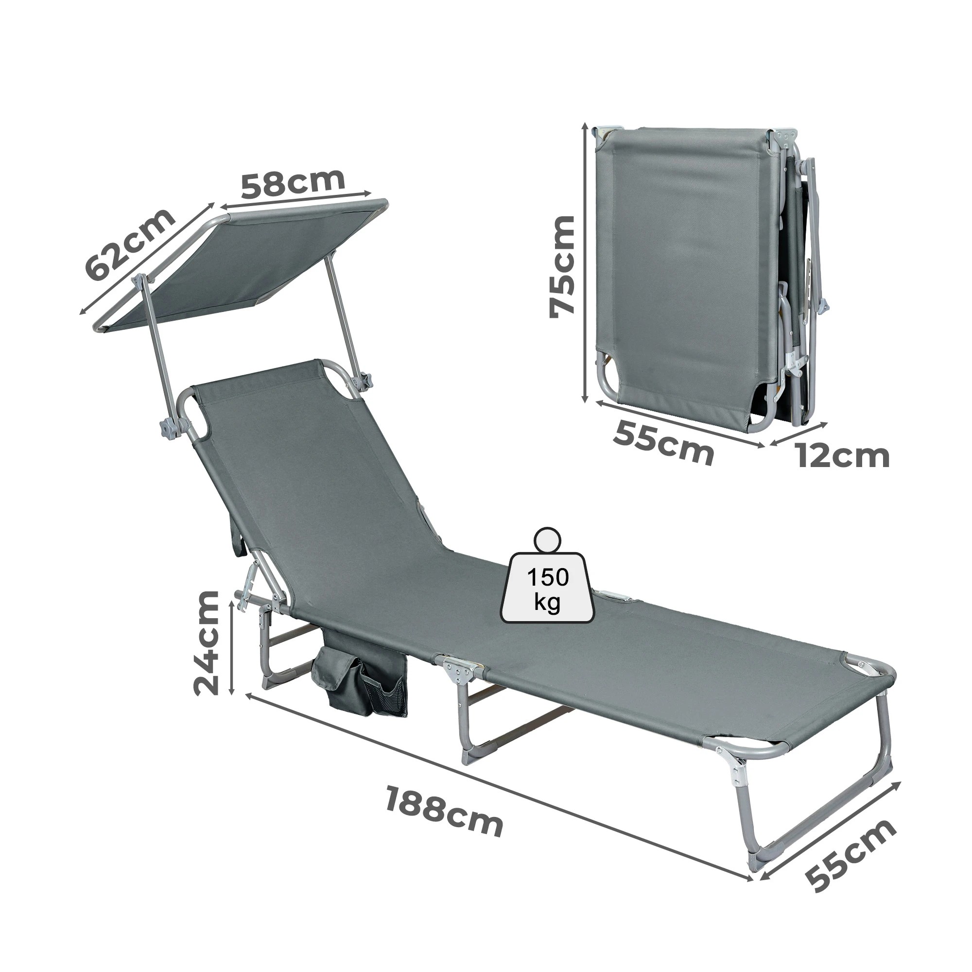 3 Levede Reclining Lounge Folding Sun Beach Chair with Canopy - Grey, 3 of 9
