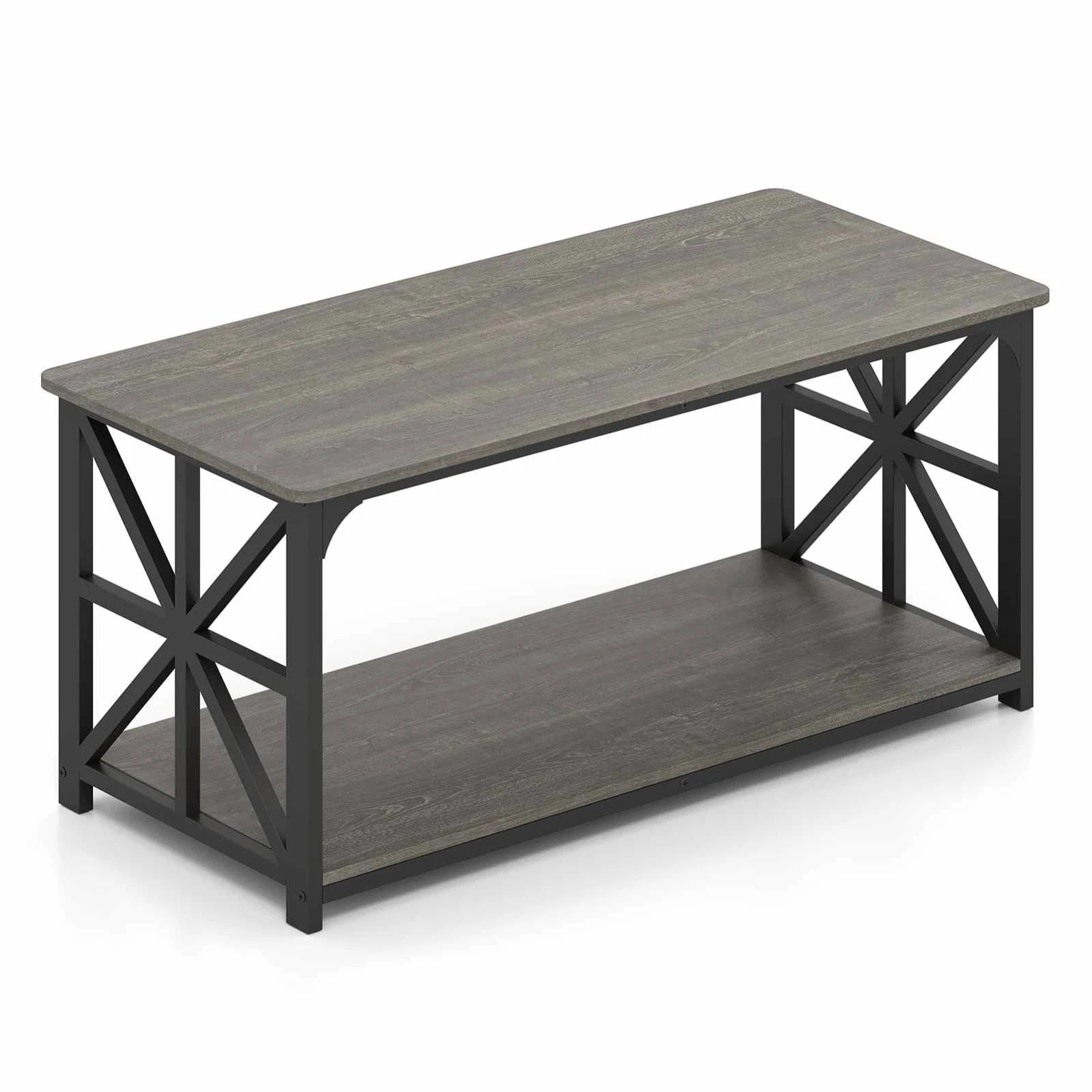 1 Costway 2-Tier Coffee Table Industrial Center Table X Side Frame - Grey, 1 of 4