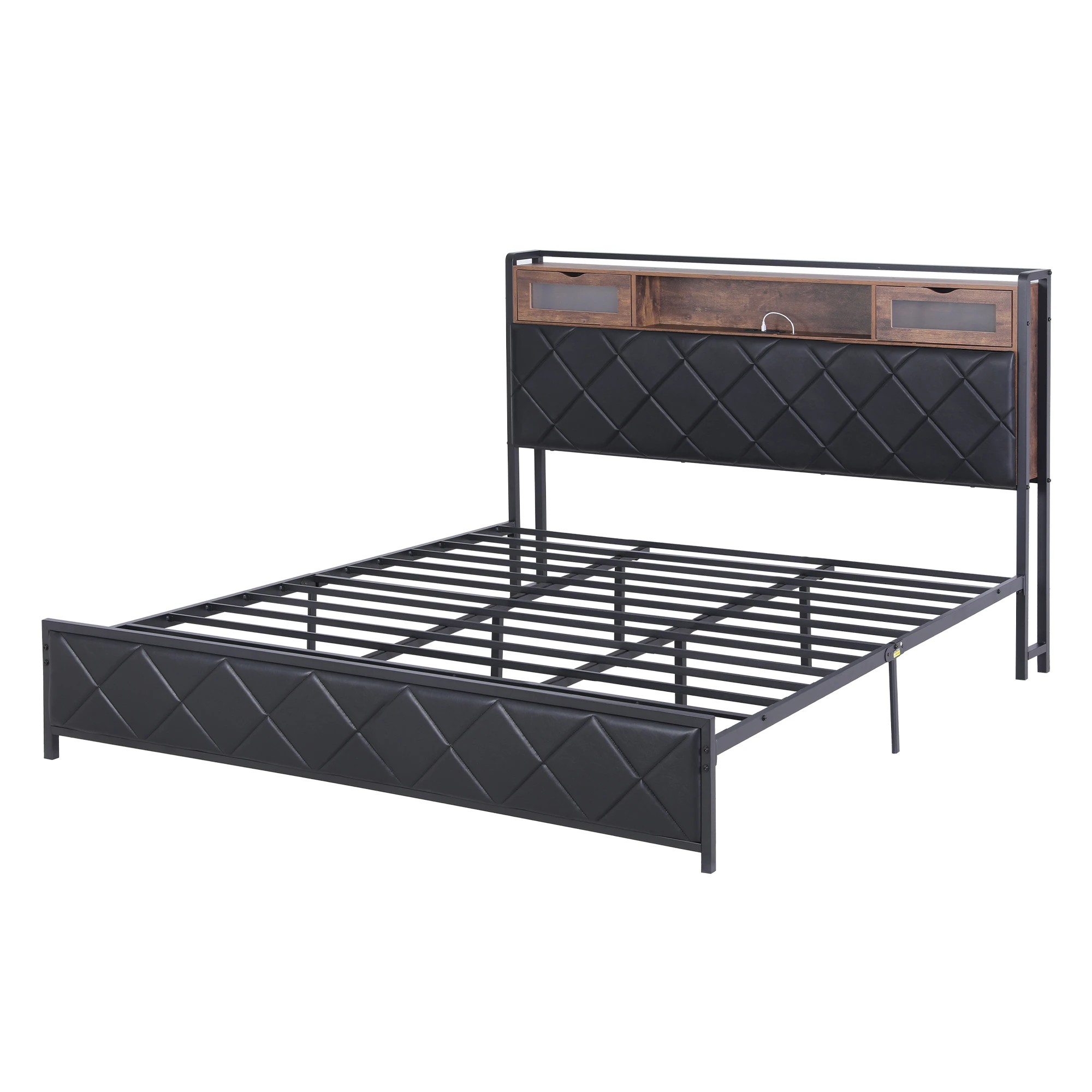 1 Artiss King Bed Frame with LED Lights and Storage Headboard Charging Station - Black, 1 of 10