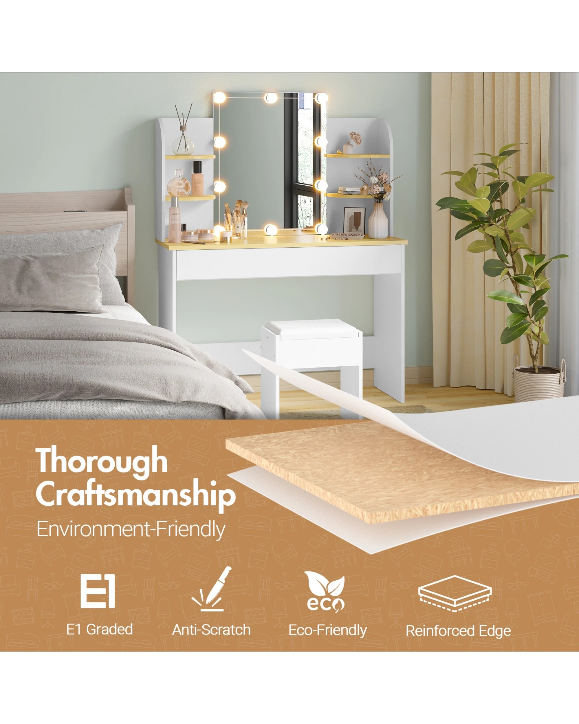 6 Advwin Dressing Table Stool Led Bulbs Makeup Mirror Vanity Desk With Open Shelves And Drawers Dresser - White, 6 of 10