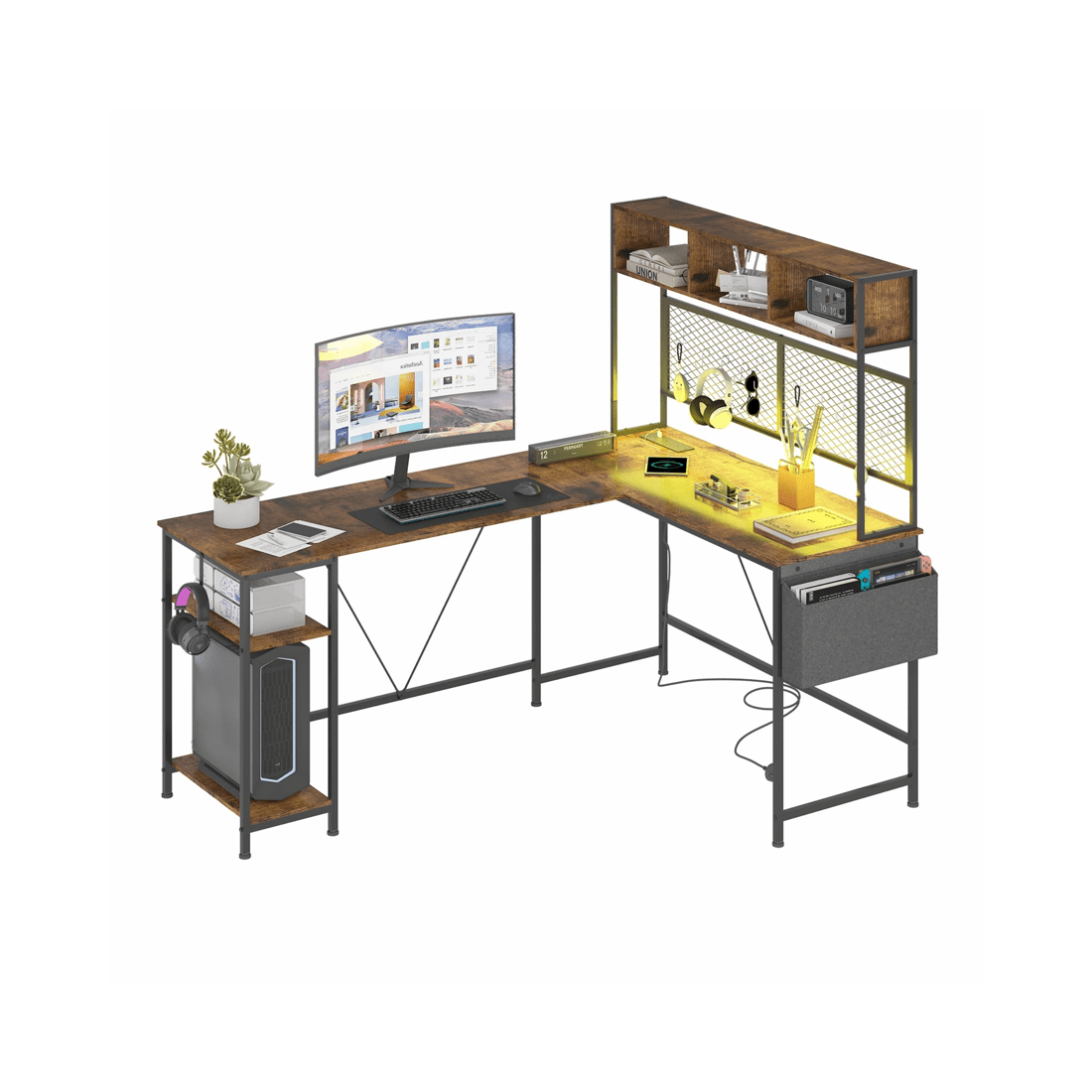 1 Advwin 170cm L Shaped Gaming Desk With Led Lights & Power Outlets Reversible Storage Shelf Computer Corner Desk Walnut, 1 of 10