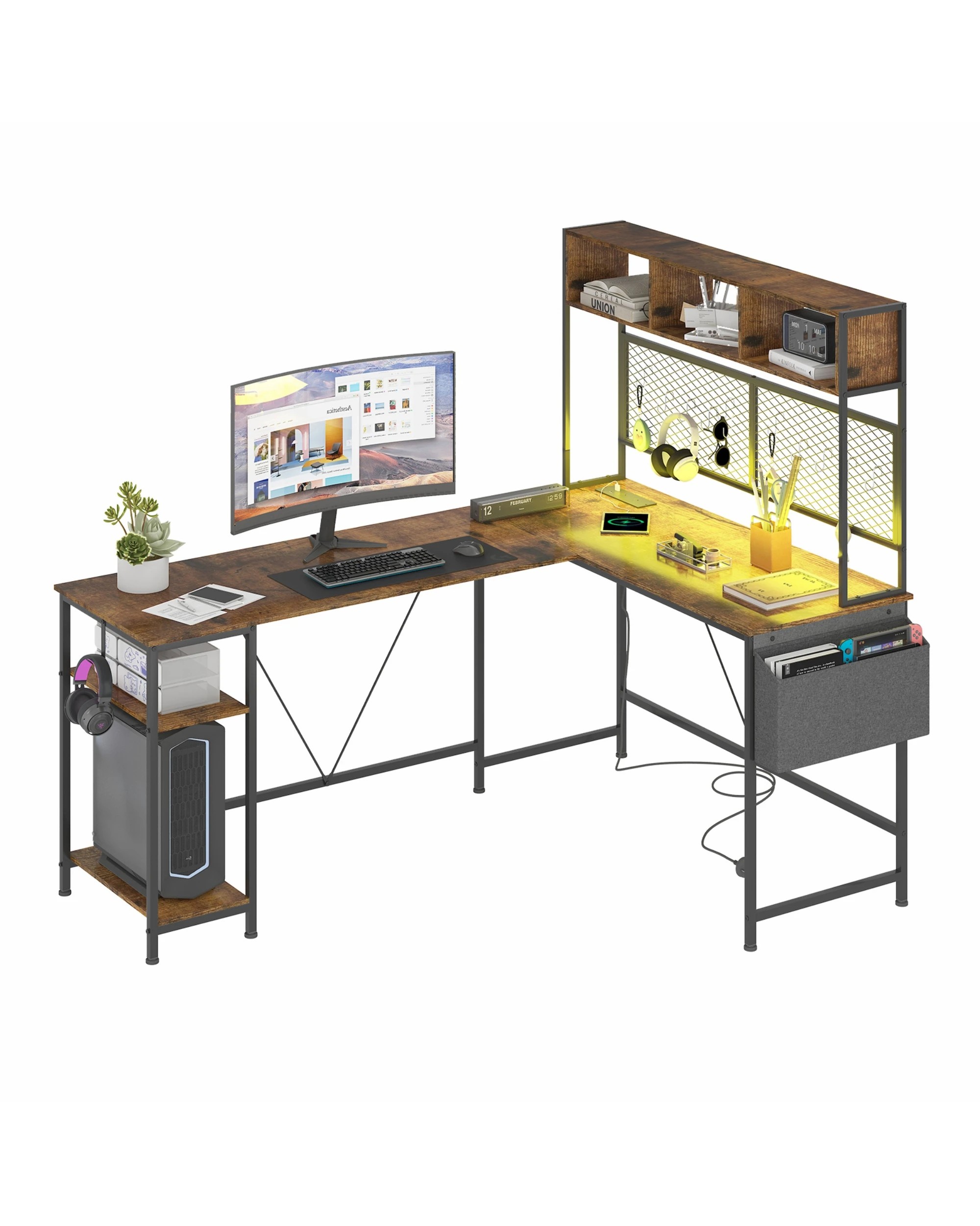 1 Advwin 170cm L Shaped Gaming Desk With Led Lights & Power Outlets Reversible Storage Shelf Computer Corner Desk Walnut, 1 of 10
