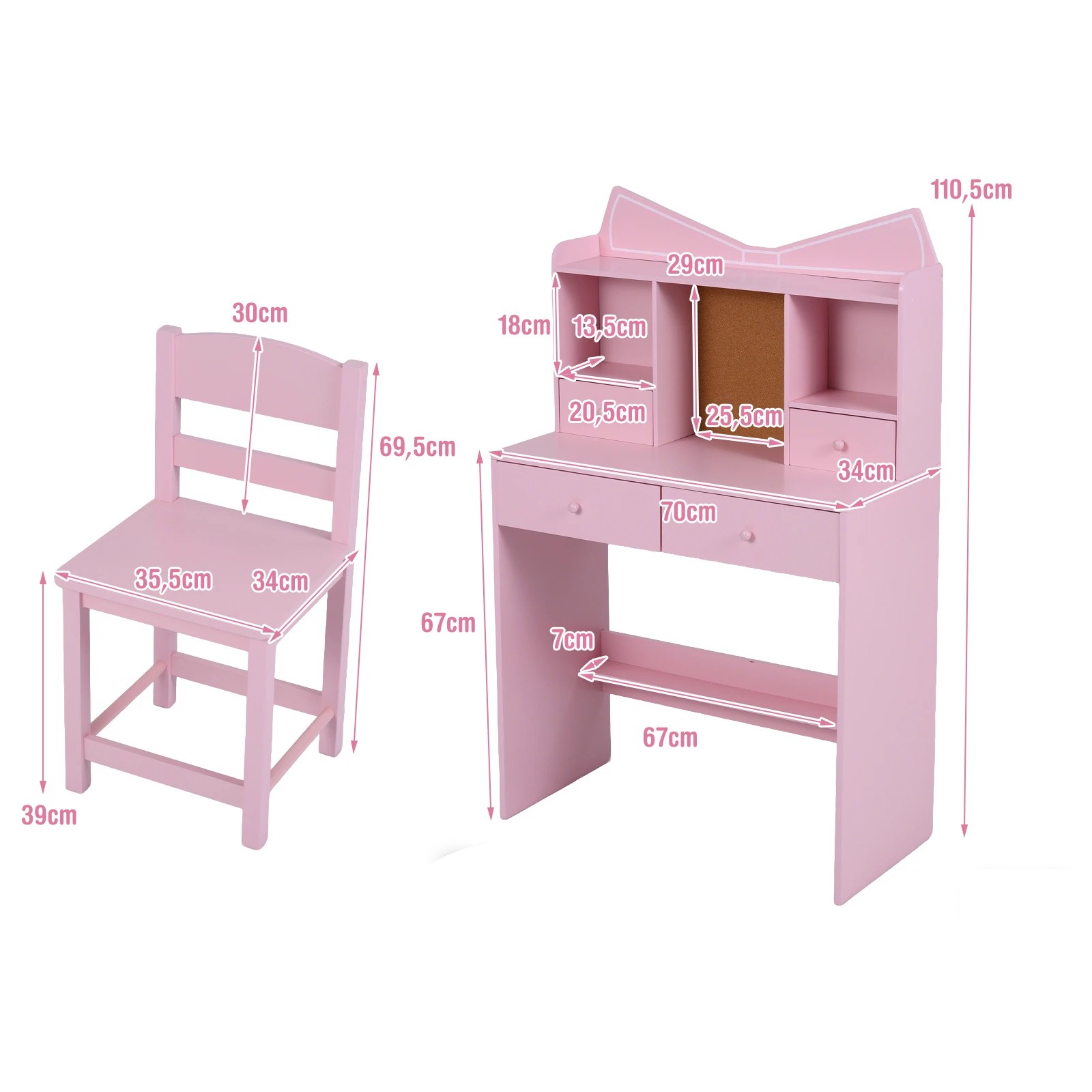 3 Costway Wood Study Desk Chair Set Writing Table - Pink, 3 of 4
