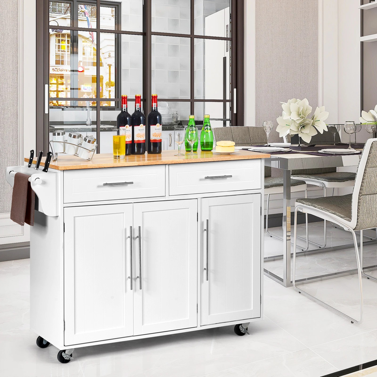 3 Costway Large Kitchen Island Trolley w/Towel Rack White, 3 of 5