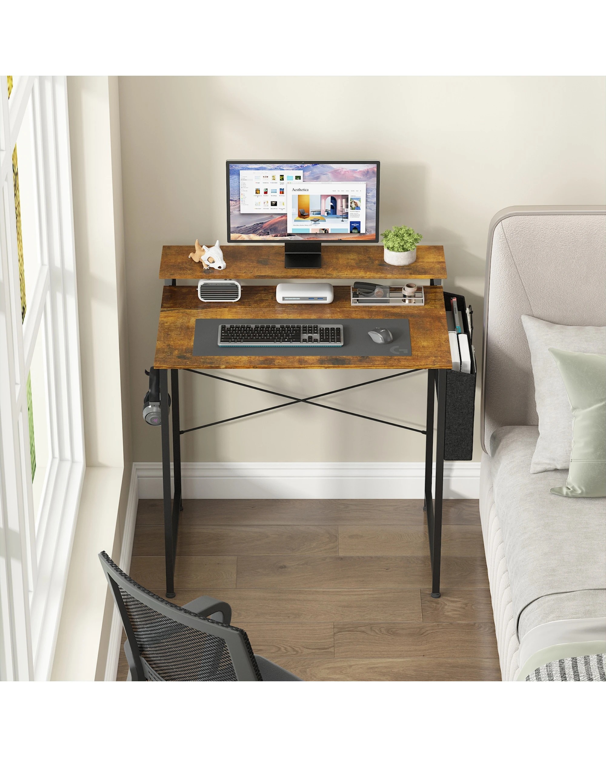 2 Advwin 80cm Small Computer Desk with Adjustable Monitor Stand and Storage Bag, 2 of 10