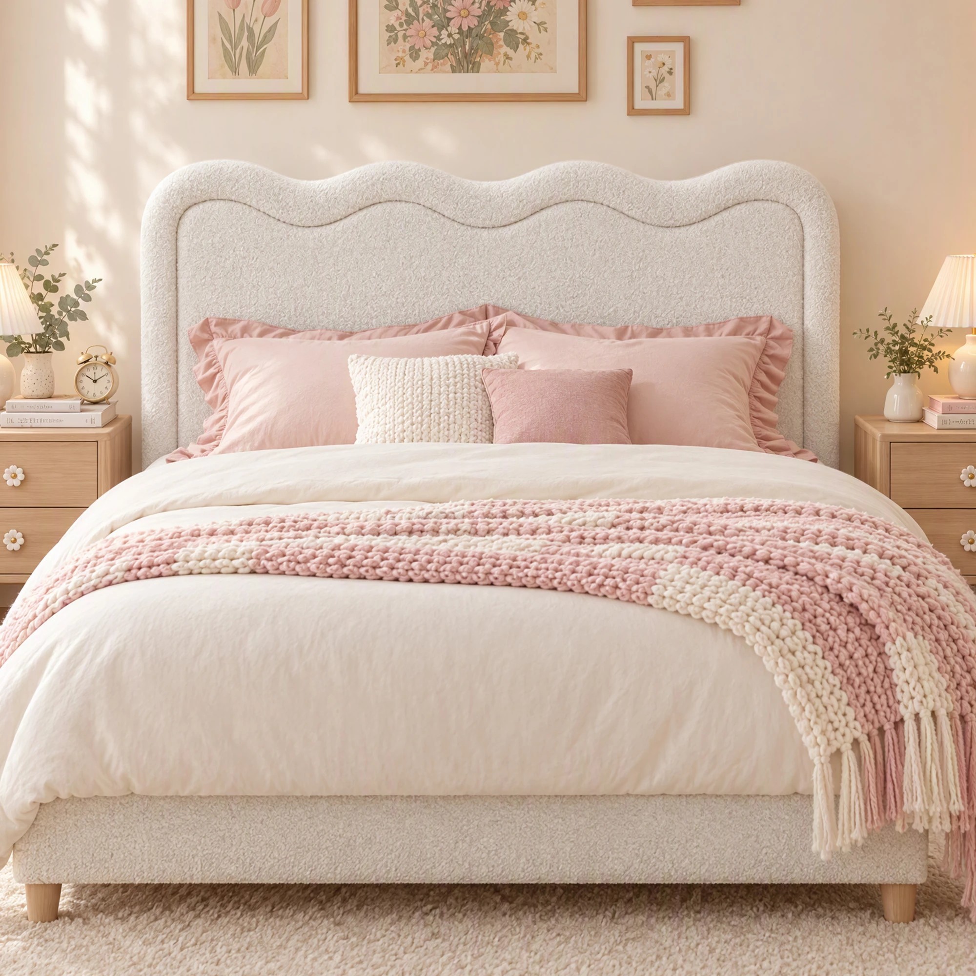 Artiss Boucle Bed Head Upholstered Wavy Headboard - Queen Bed - Beige ...