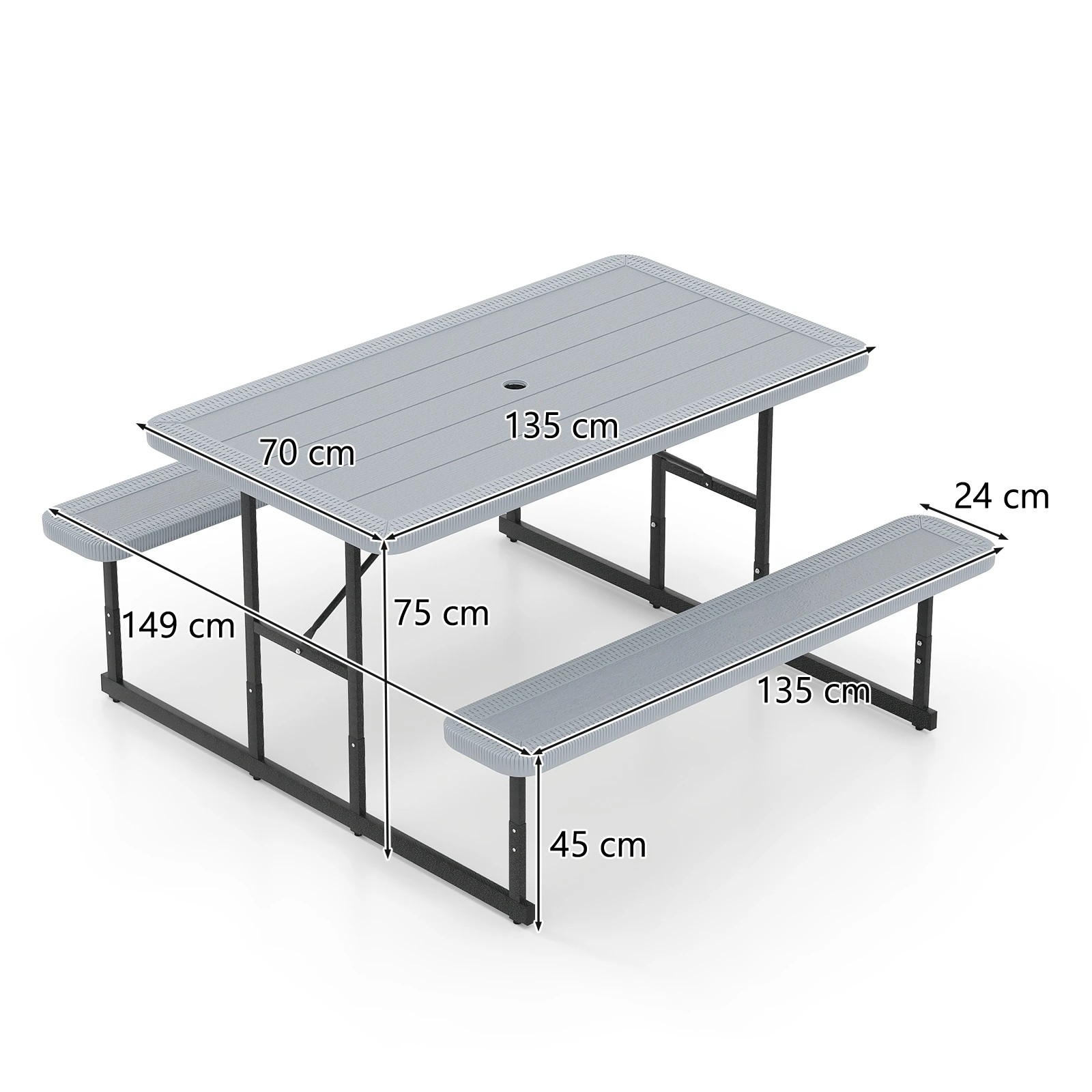 2 Costway 2-4 People Picnic Table Bench Set w/Umbrella Hole Outdoor Camping Table & Chairs - Grey, 2 of 3