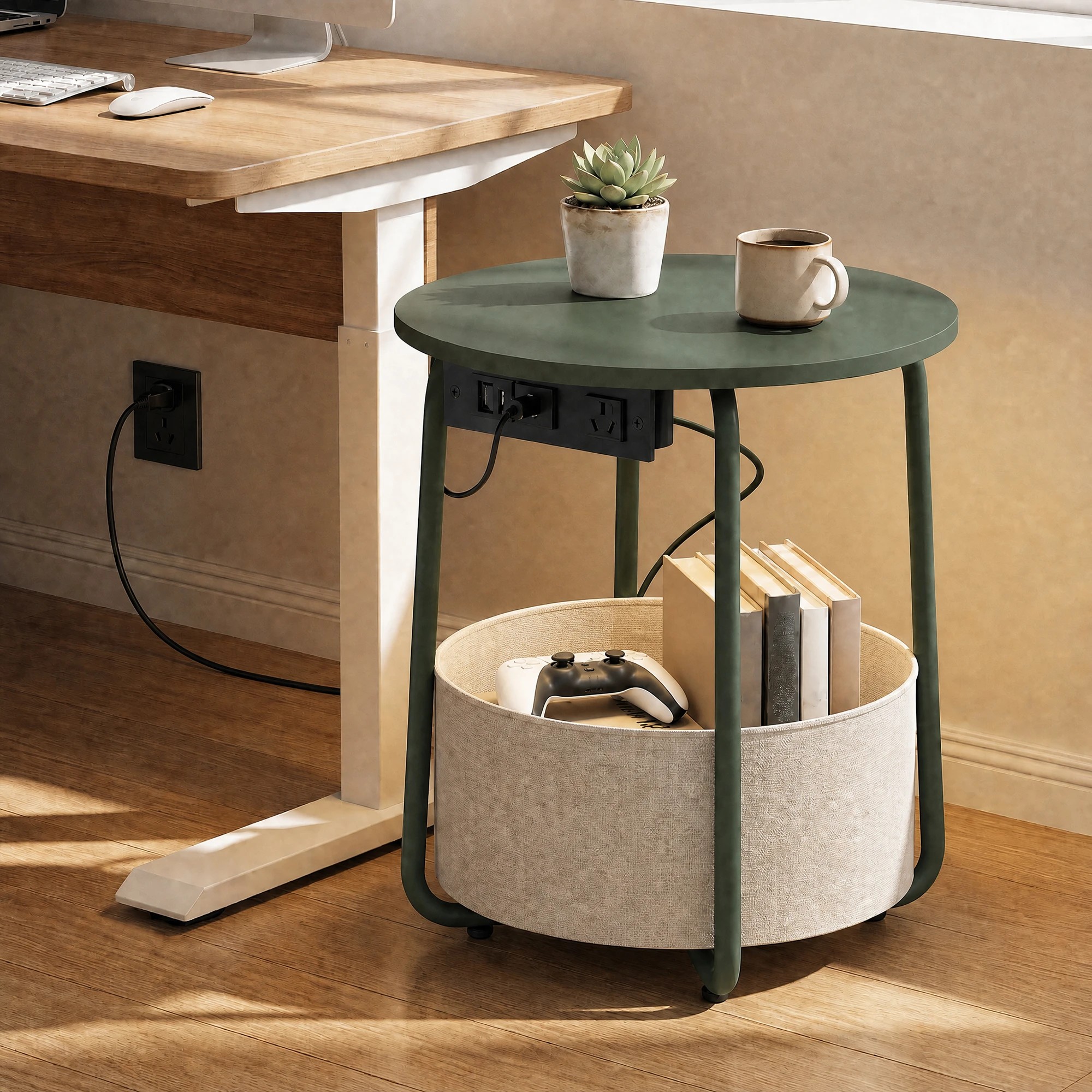 1 Advwin Small Round Side Table with Charging Station Nightstand with Fabric Basket - Green, 1 of 8