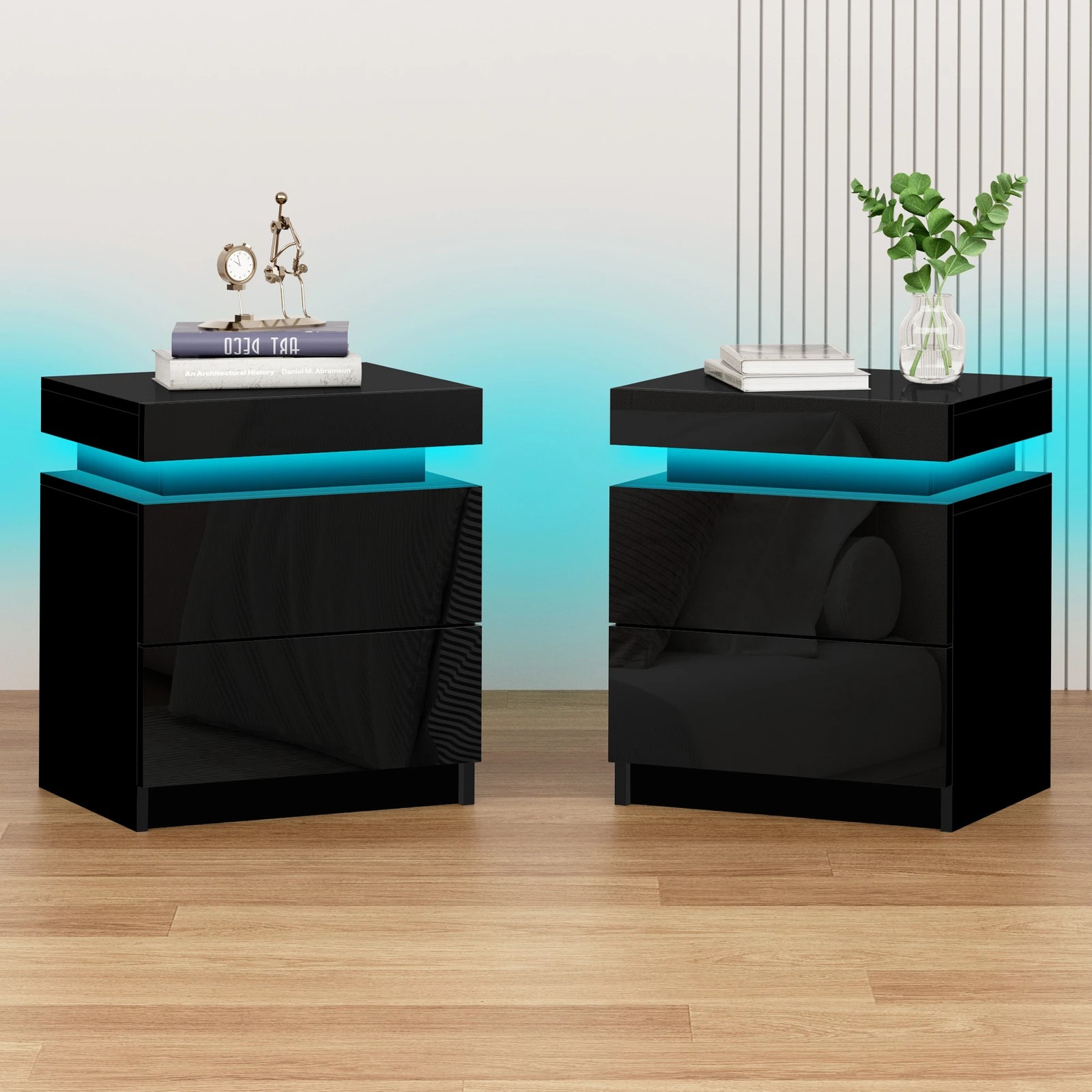 1 Alfordson 2x Bedside Table RGB LED Nightstand 2 Drawers 4 Side High Gloss - Black, 1 of 10