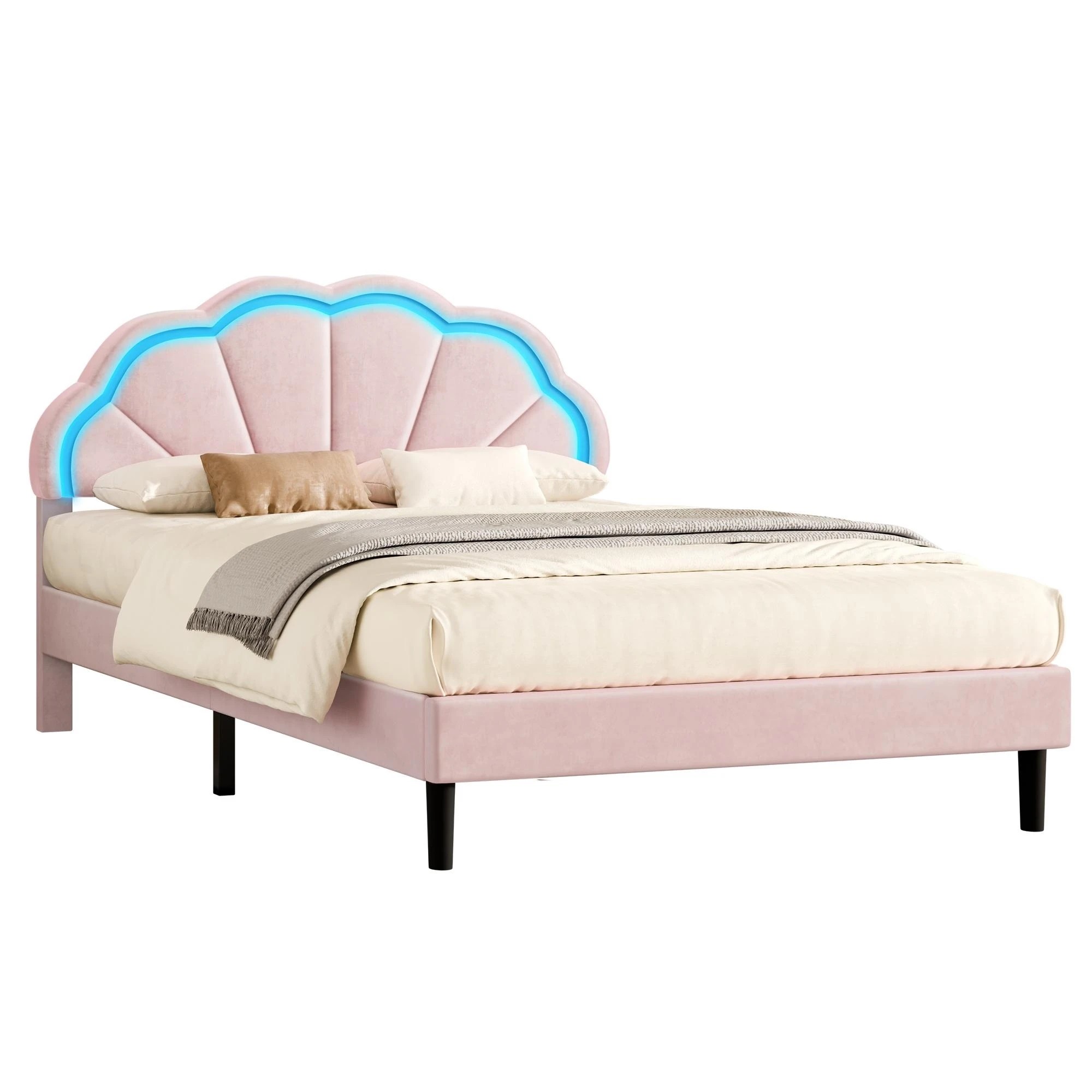 1 Alfordson Bed Frame Double LED Adjustable Headboard Velvet - Pink, 1 of 10