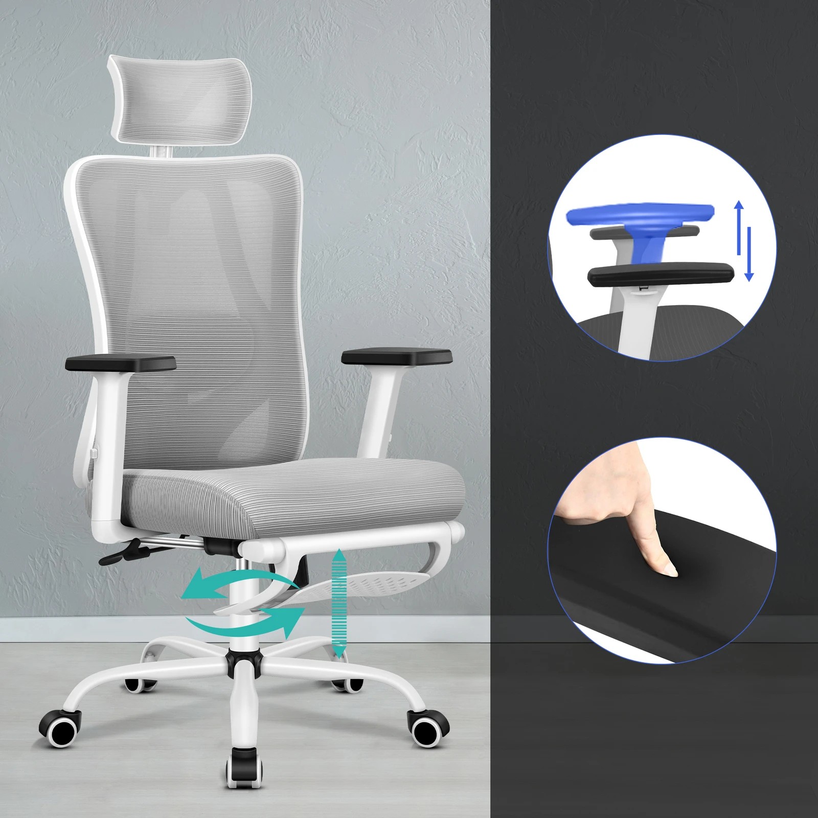 7 Alfordson Office Chair Mesh Ergonomic Executive Seat Work Computer Gaming - Grey White, 7 of 10