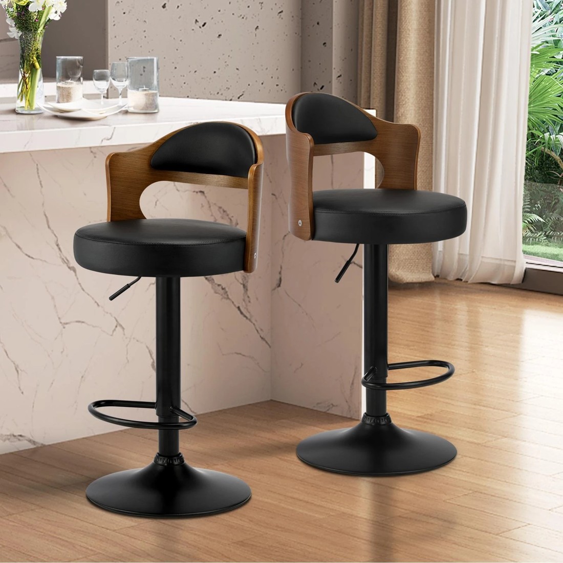 2 Oikiture Bar Stools Kitchen Swivel Barstool Chair Gas Lift Metal Leather X2
 - Black, 2 of 9