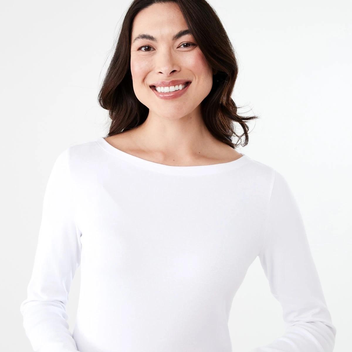 4 Long Sleeve Modal Boat Neck Top WHITE, 4 of 5