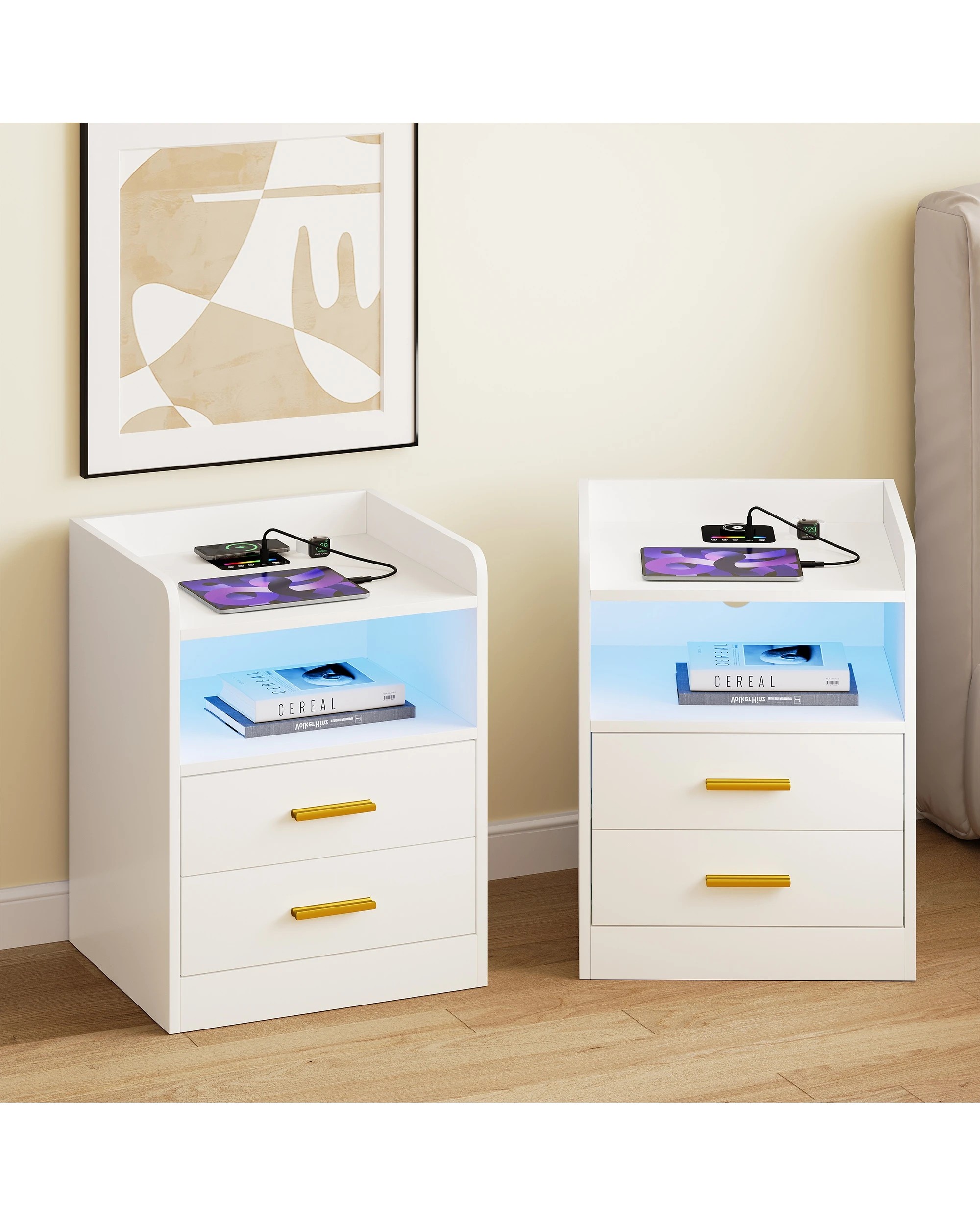 2 Advwin Bedside Table Set Of 2 Led Nightstand Wireless Charging Station, 2 of 8