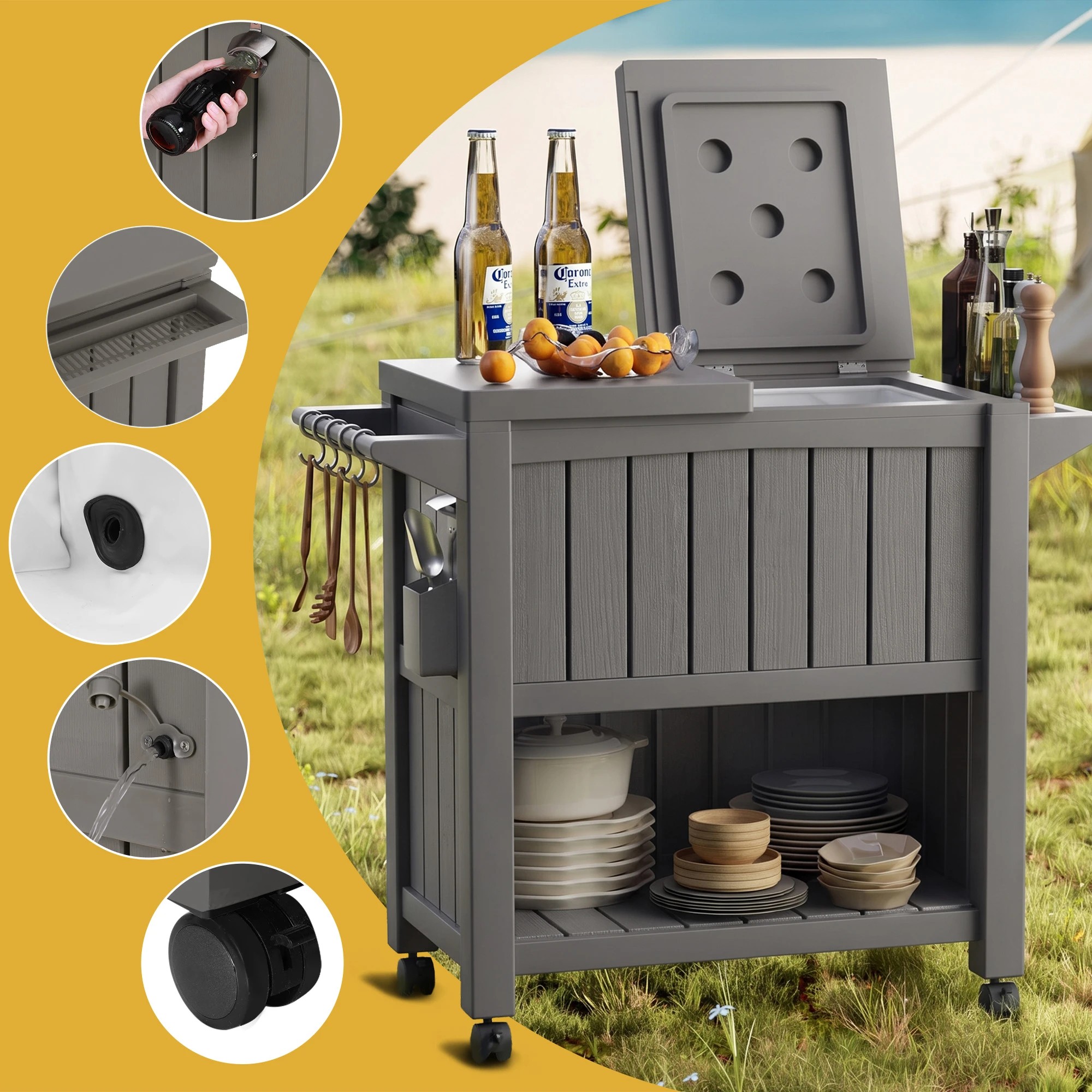 5 Gardeon Outdoor Storage Cabinet Box 80L Ice Bucket Cooler Rolling Serving Cart Kitchen Trolley - Brown, 5 of 7