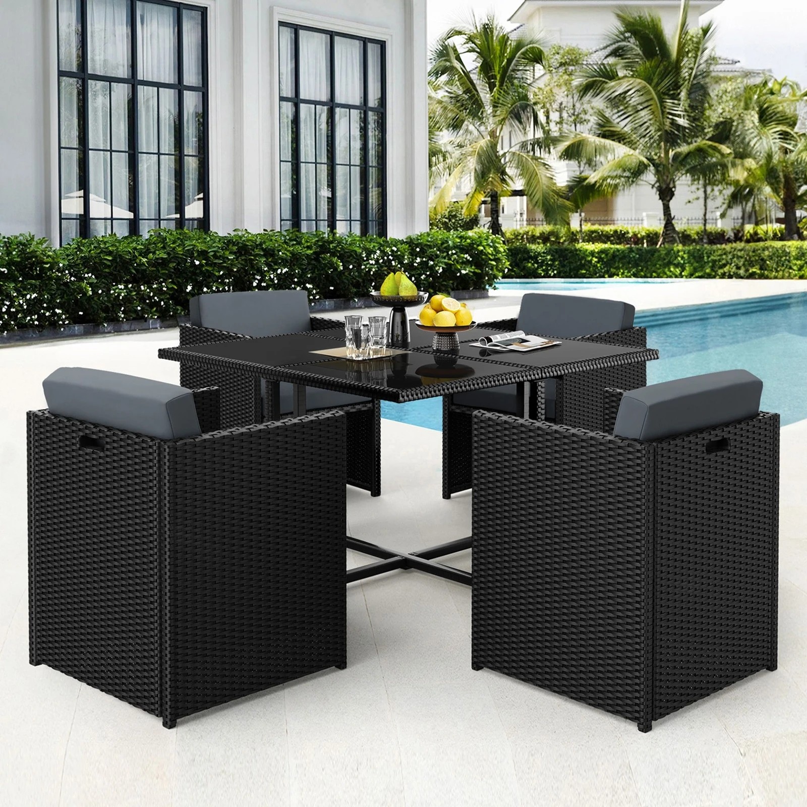 2 Alfordson Outdoor Dining Set 5 PCS Table Chairs Patio Lounge Wicker Furniture - Black, 2 of 9