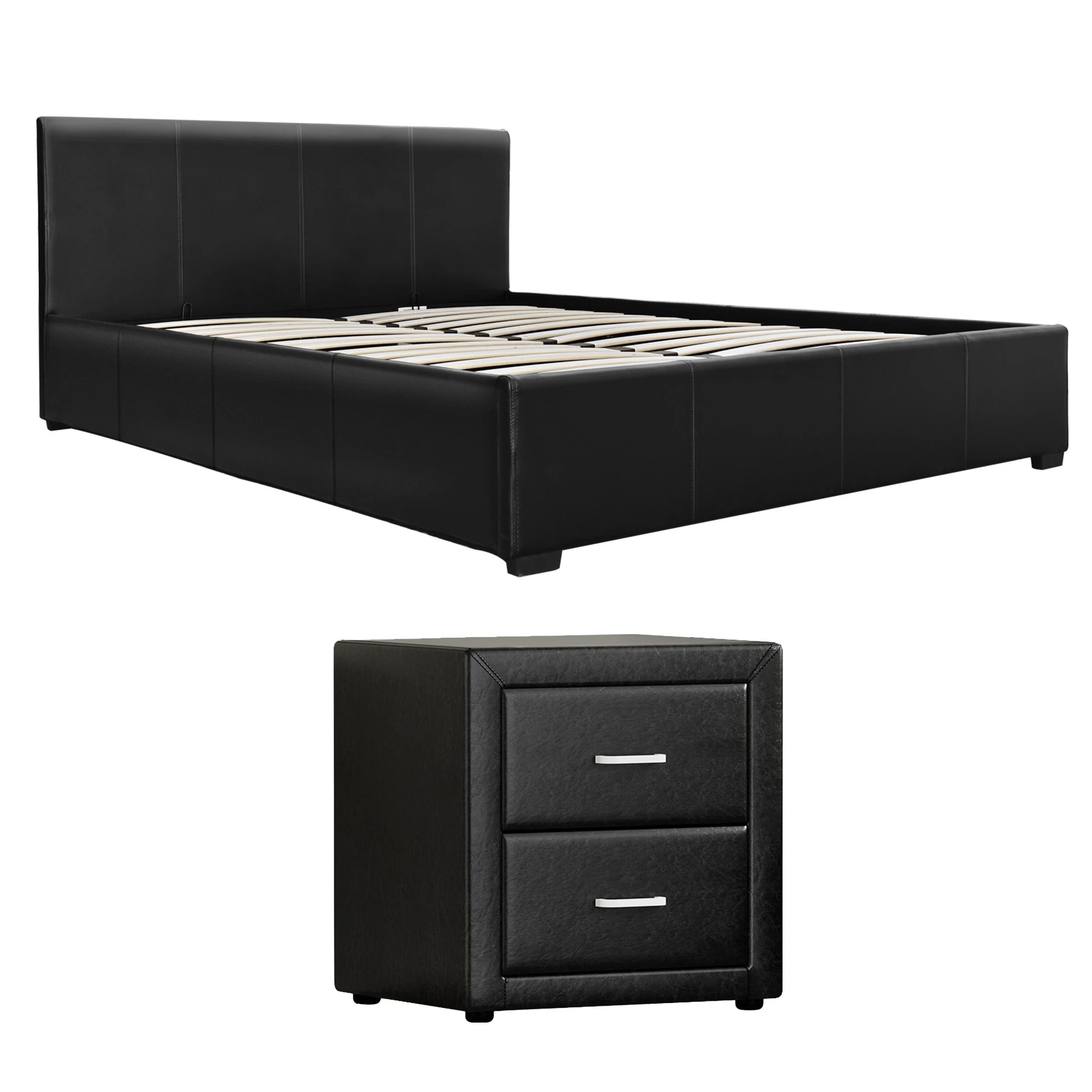 1 Artiss Gas Lift Queen Bed Frame and Bedside Table Set Leather - Black, 1 of 9