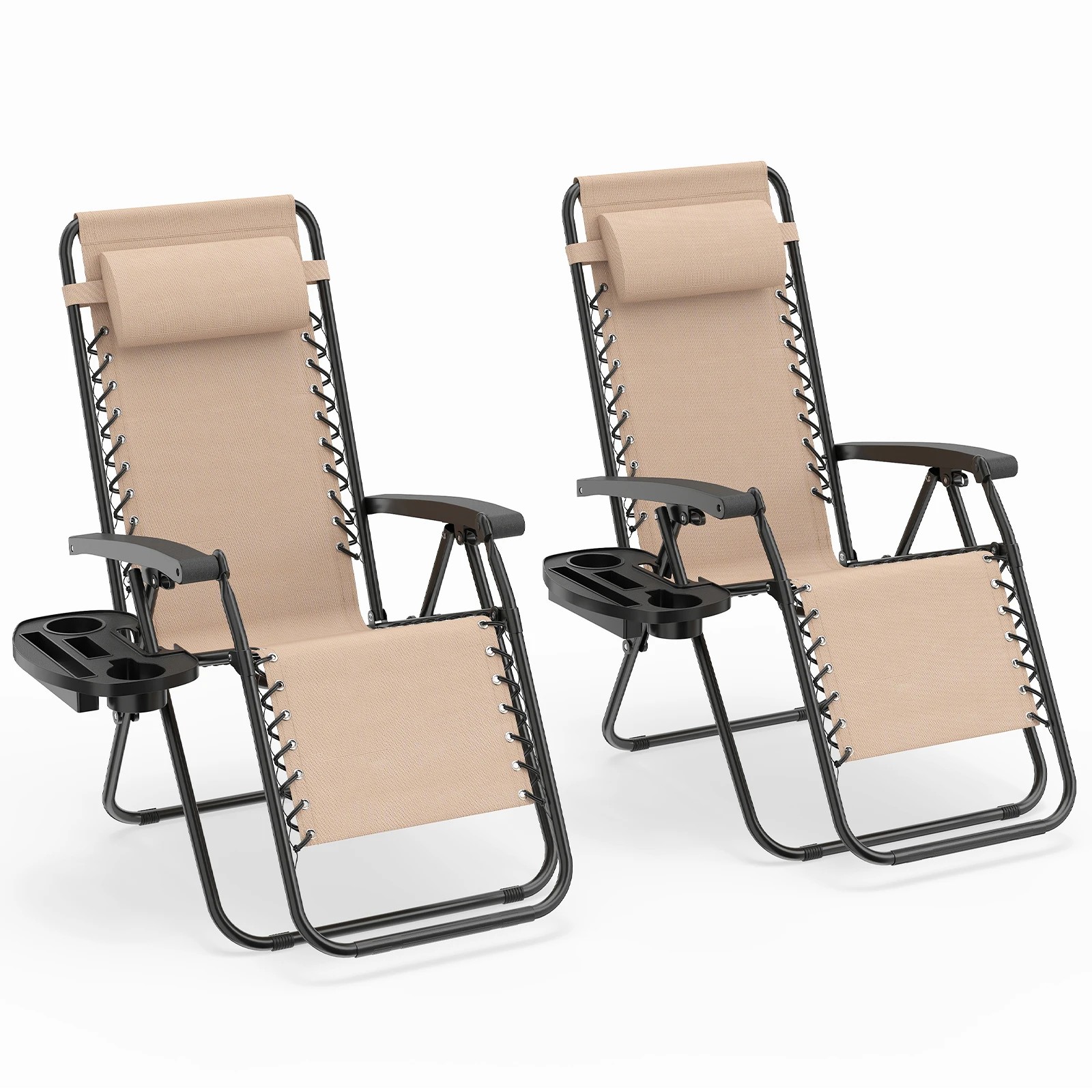 1 Costway 2x Folding Zero Gravity Chair Folding Lounge w/Adjustable Backrest Head Pillow - Beige, 1 of 1