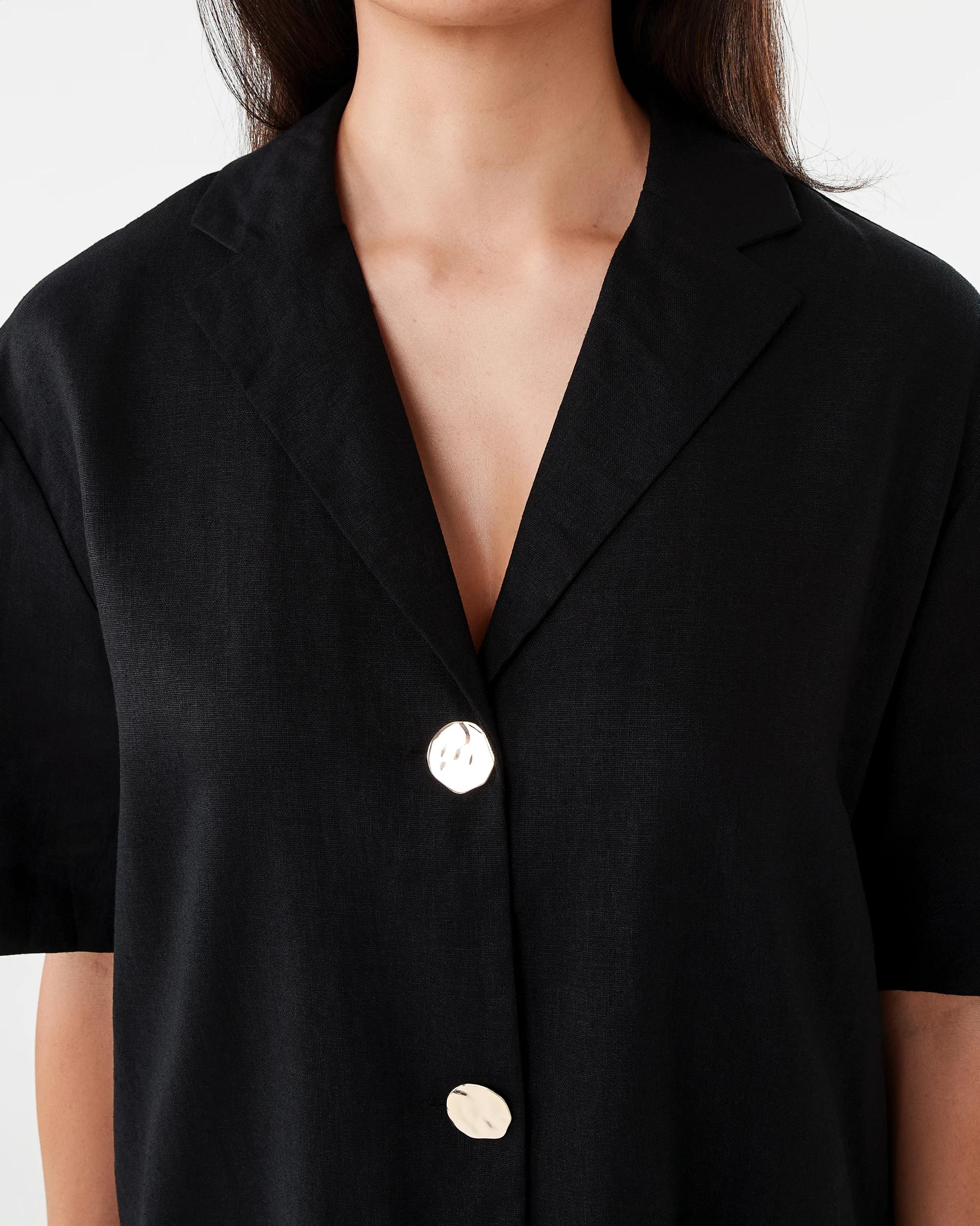 5 Short Sleeve Linen Blend Gold Button Top Black, 5 of 7