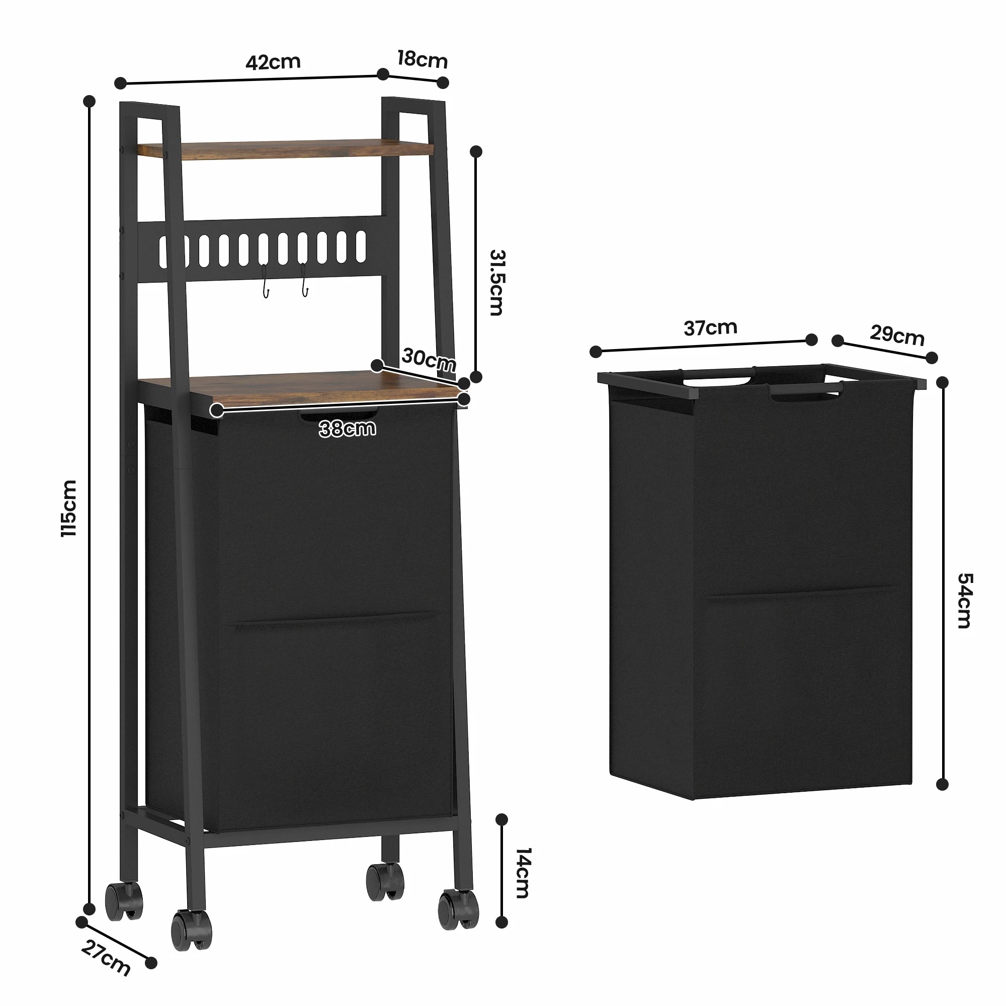 3 Advwin 54L Laundry Hamper with Wheels Shelves Hooks - Brown, 3 of 9