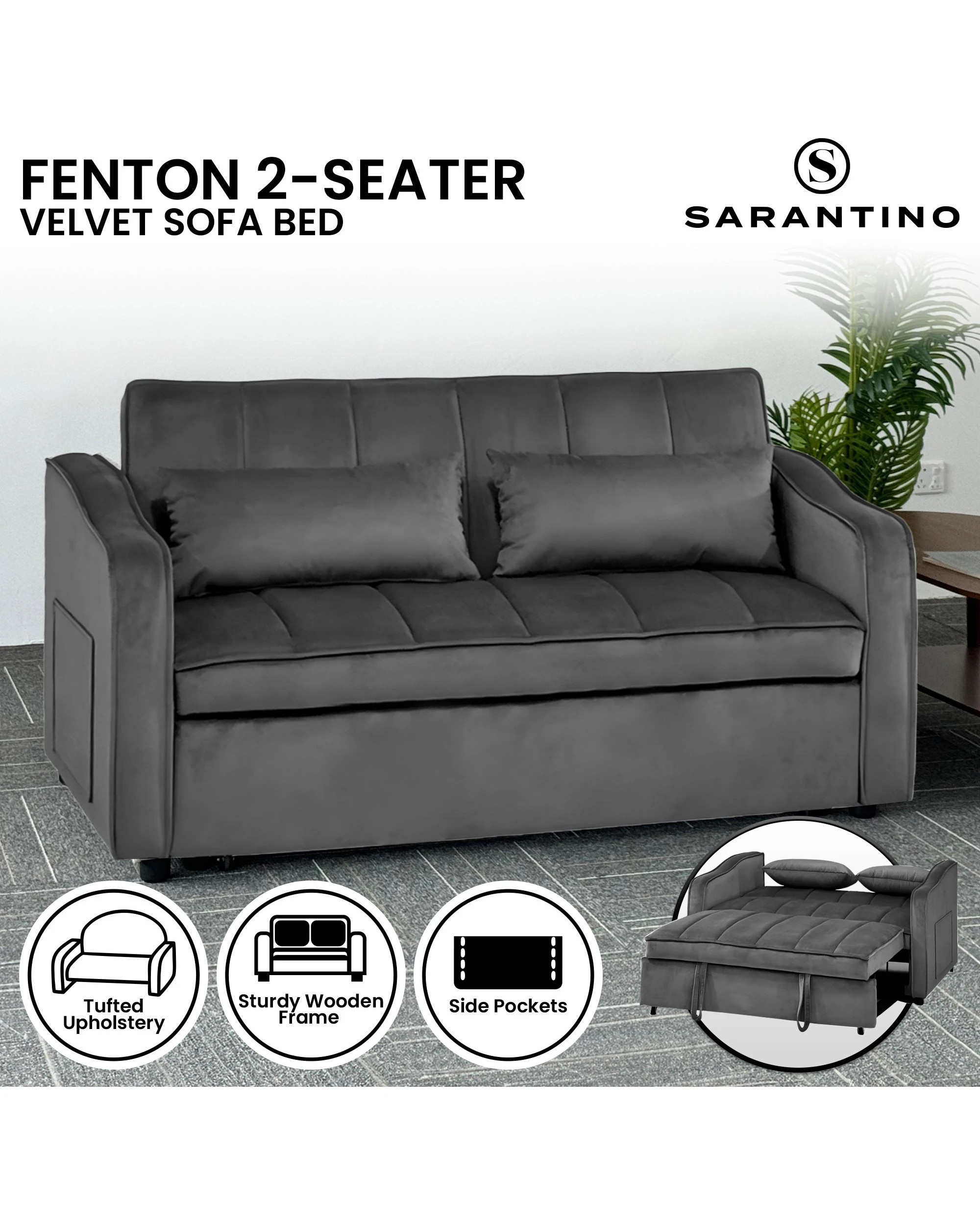 9 Sarantino Fenton Velvet 2-Seater Sofa Bed - Dark Grey, 9 of 9