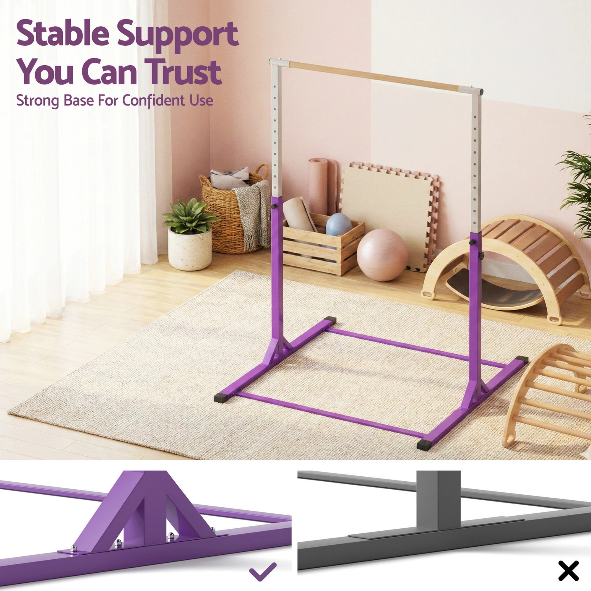 6 Everfit Kids Gymnastics Bar Pull Up Station Monkey Bar Adjustable Indoor Garden - Purple, 6 of 8