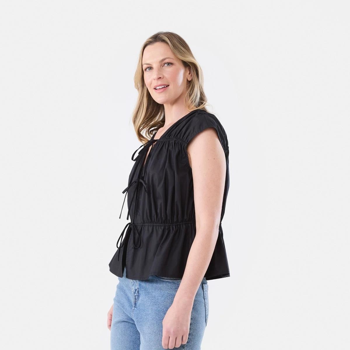 2 Sleeveless Poplin Gathered Tie Top BLACK, 2 of 5