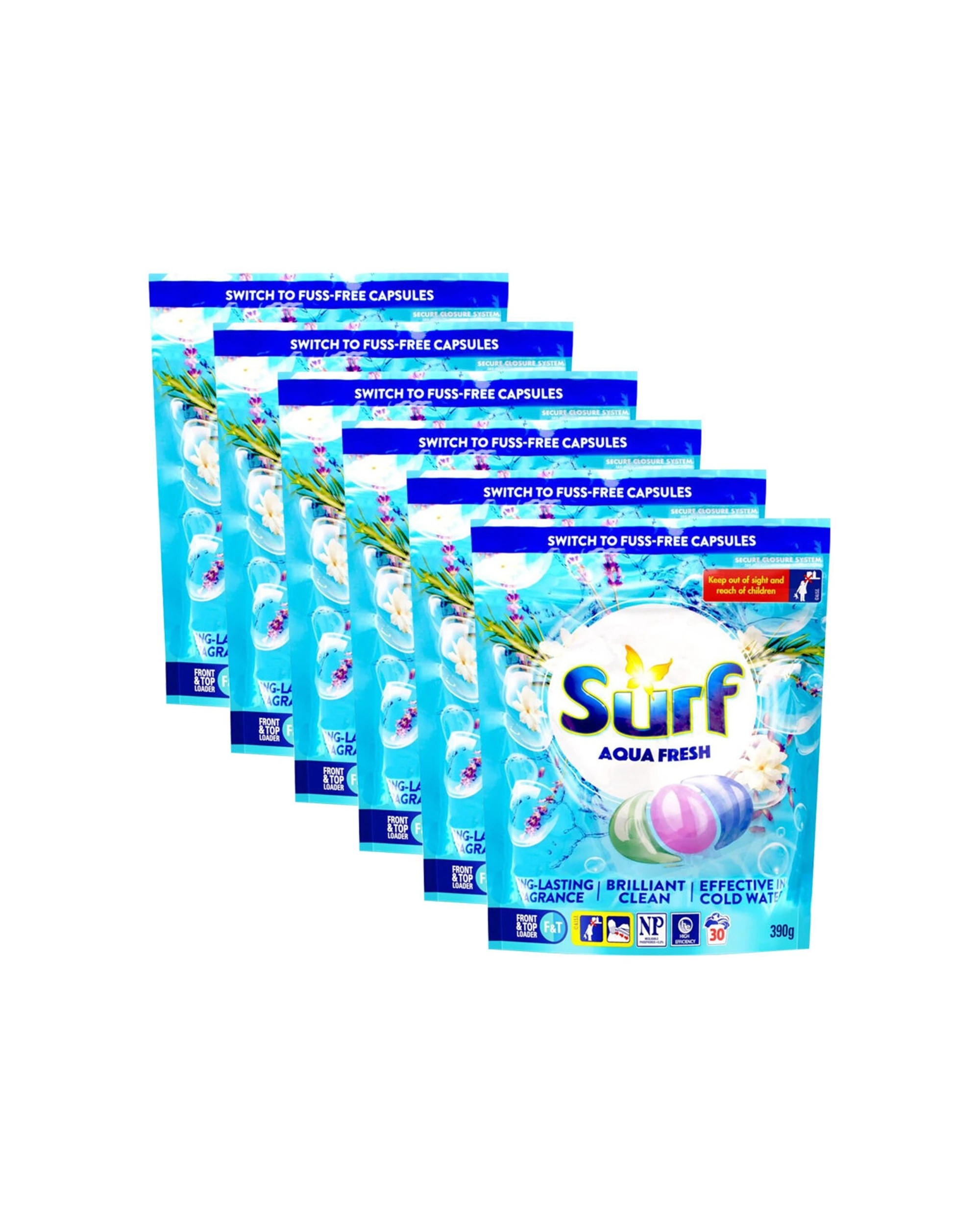 1 Surf 6x 30pc Laundry Capsules Aqua Fresh Front and Top Loader 390g Pack - Blue, 1 of 3