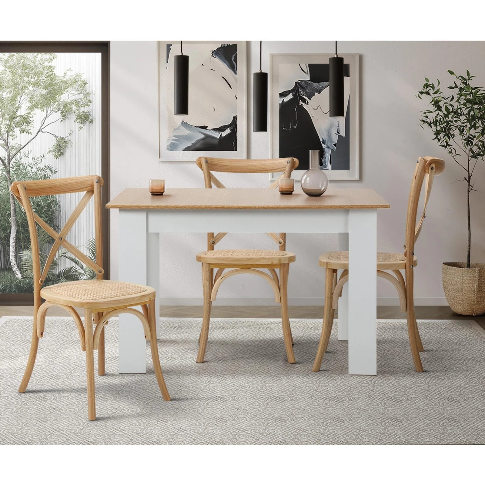 3 Oikiture 4PCS Crossback Dining Chair Solid Birch Timber Wood Ratan Seat - Natural, 3 of 9