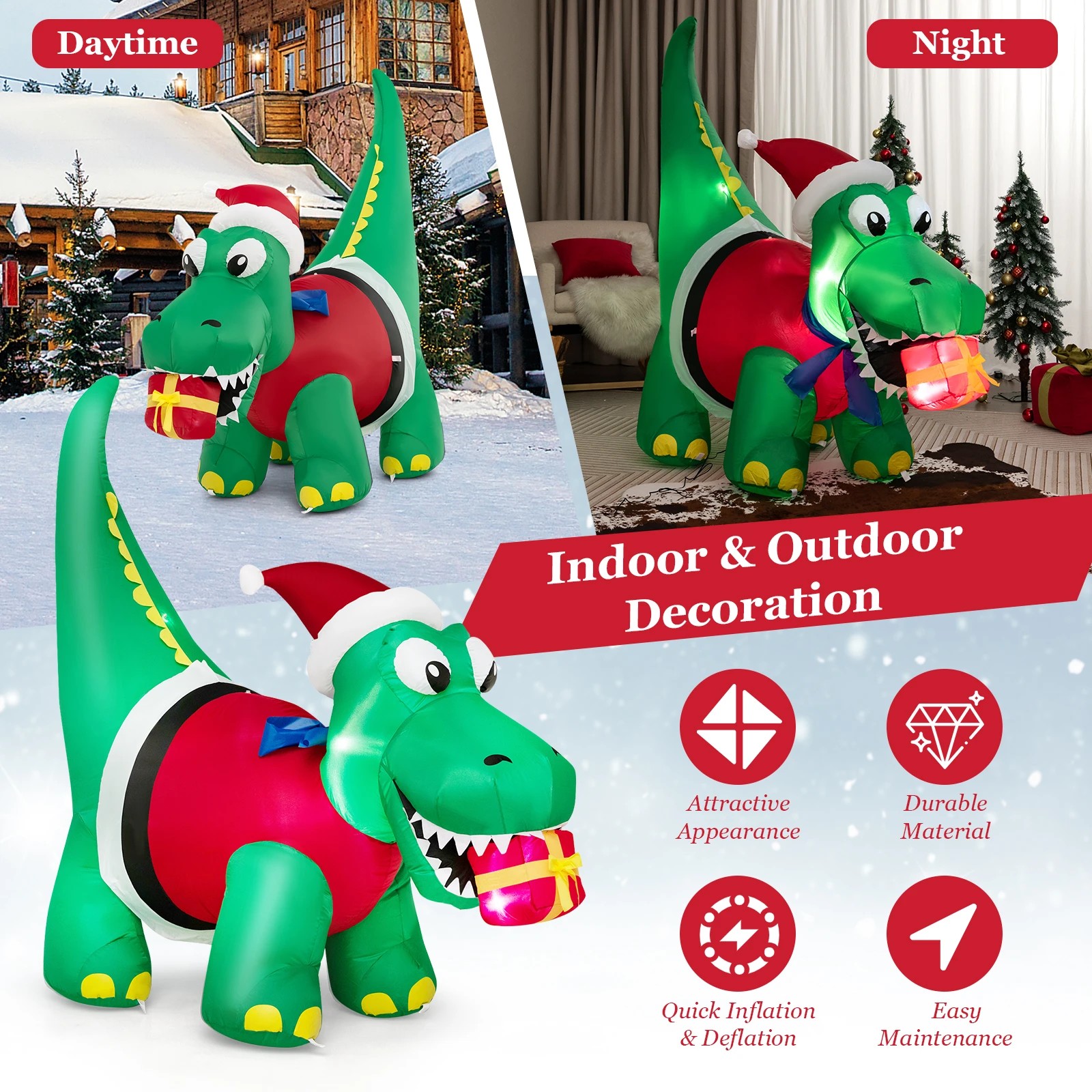 4 Costway 1.85M Christmas Inflatables Dinosaur & Gift Box LED Lights Xmas Outdoor Decoration, 4 of 10