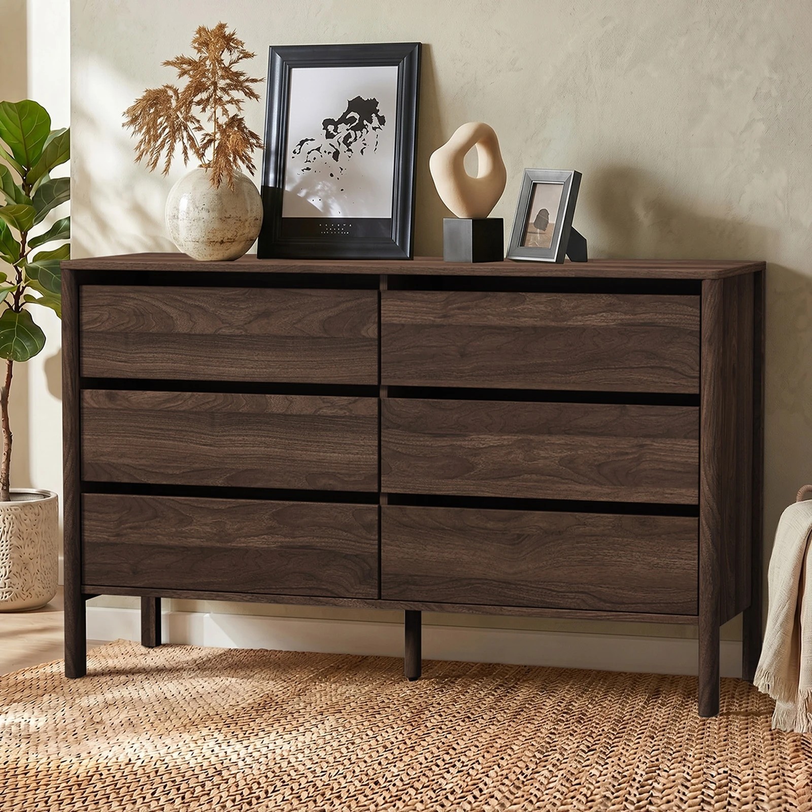 3 Oikiture 6 Chest Of Drawers Dresser Lowboy Storage Handle-Free Bedroom - Brown, 3 of 8