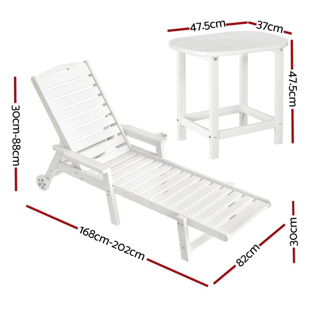2 Gardeon Sun Lounge Lounger Beach Chair HDPE Patio Outdoor Furniture with Wheels - White, 2 of 6
