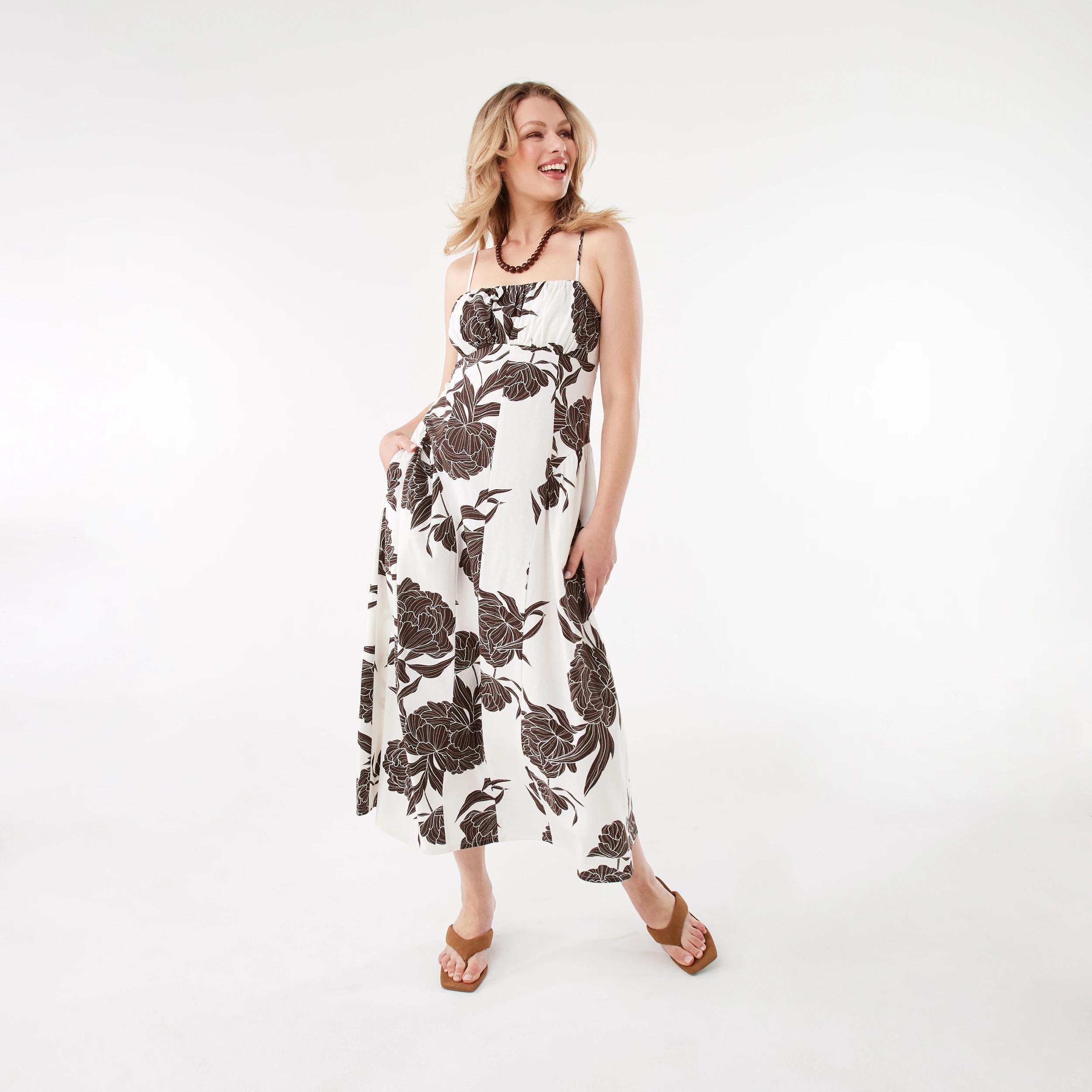 1 Sleeveless Gathered Bodice Midi Dress Choc Flrl, 1 of 6