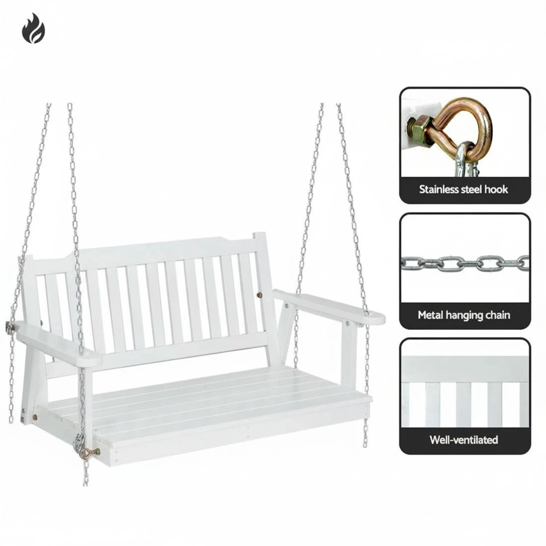 5 Gardeon Porch Swing Chair With Chain Outdoor Furniture Wooden Bench 2 Seat - White, 5 of 6