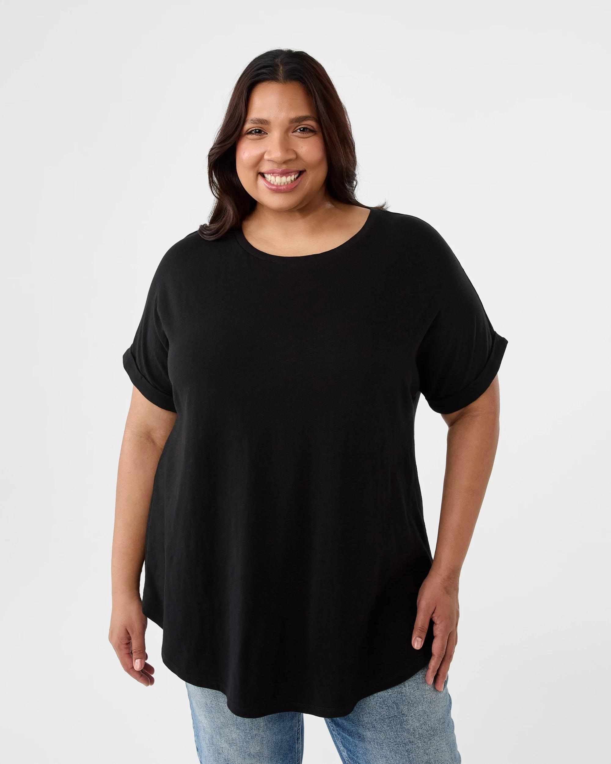 1 Curve Short Sleeve Longline Slub T-Shirt Black, 1 of 6