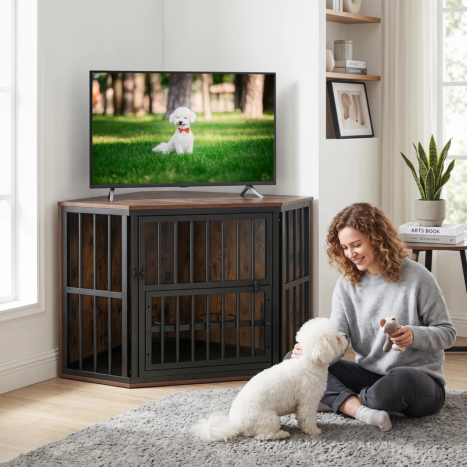 Costway Corner Dog Crate 2-in-1 Dog Kennel & TV Stand w/Dog Bowl Rack ...