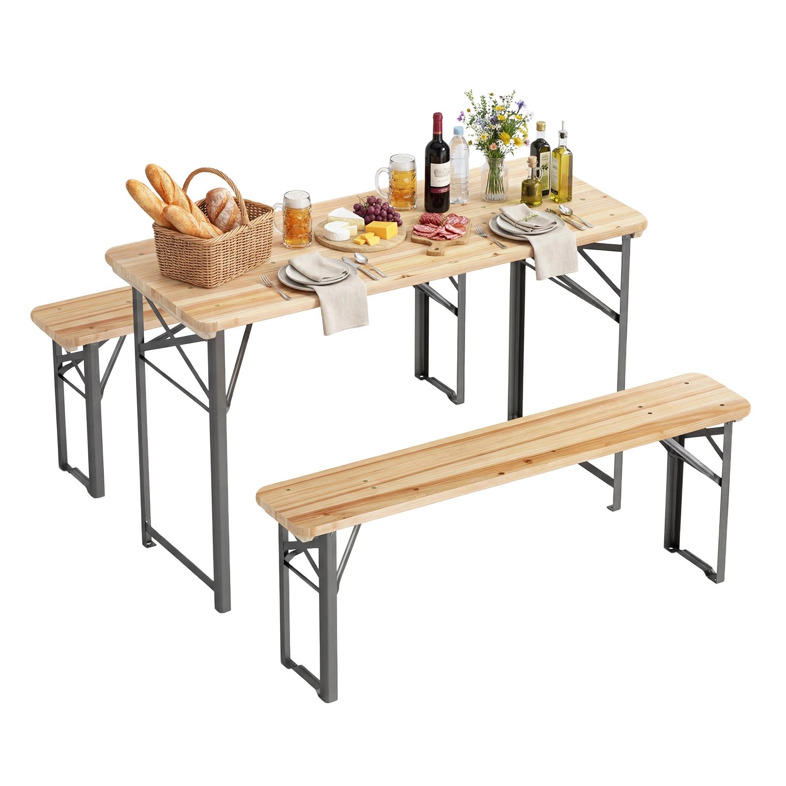 4 Costway 3 PCS Folding Picnic Table Solid Fir Wood Camping Beer Table Set, 4 of 4