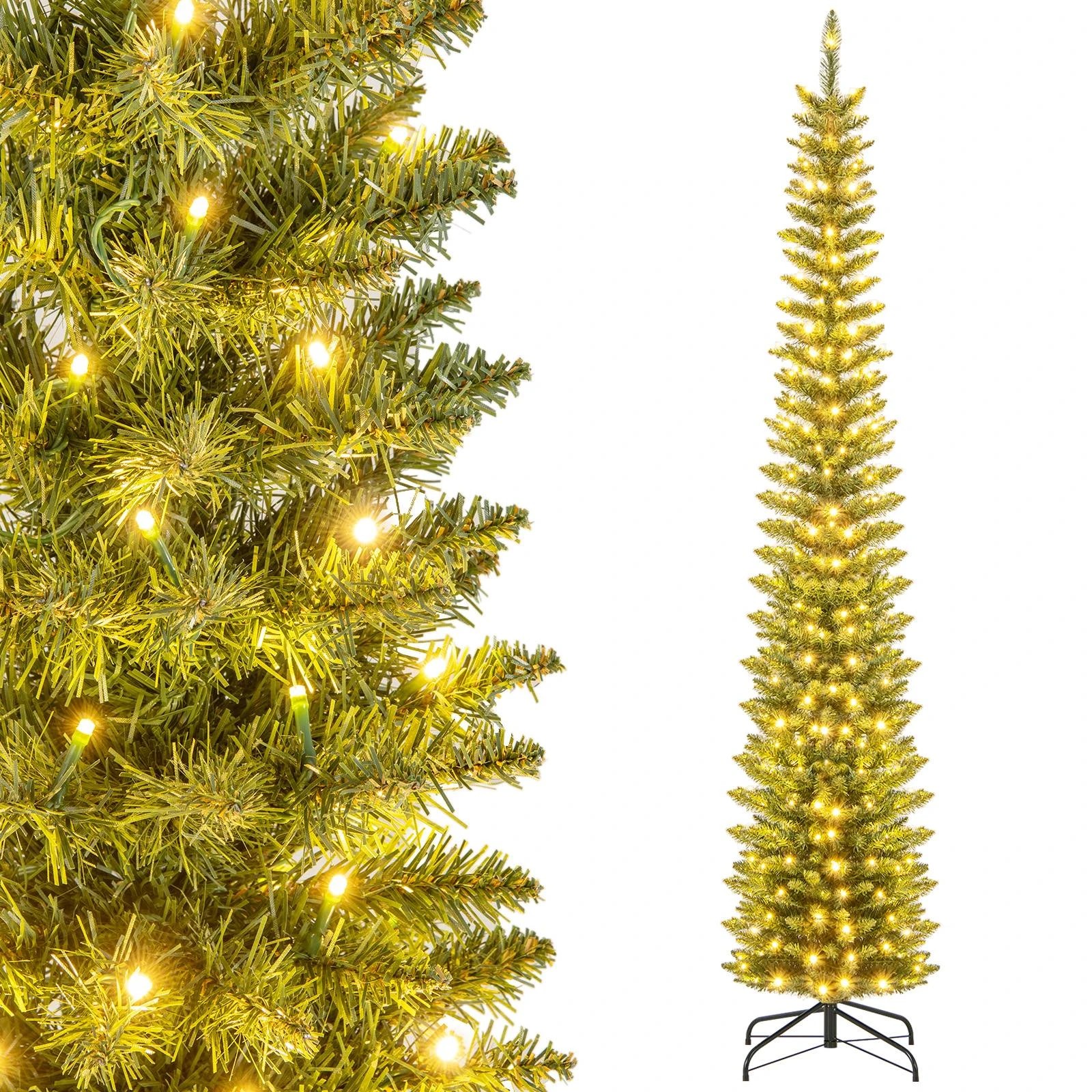 2 Costway 2.4M Artificial Pencil Christmas Tree 591 Branch Tips 300 Warm White LEDs, 2 of 2